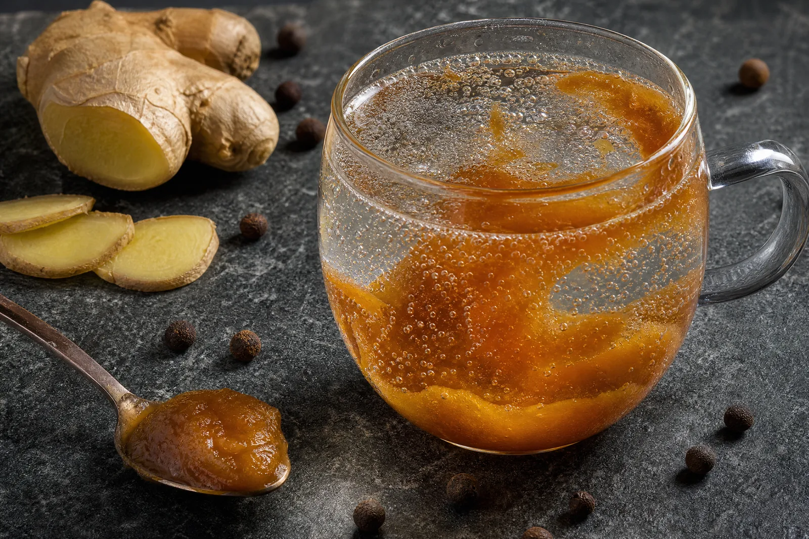 Close-up of the ingredients for the Cleveland apple ginger mocktail including apple butter and fresh ginger.