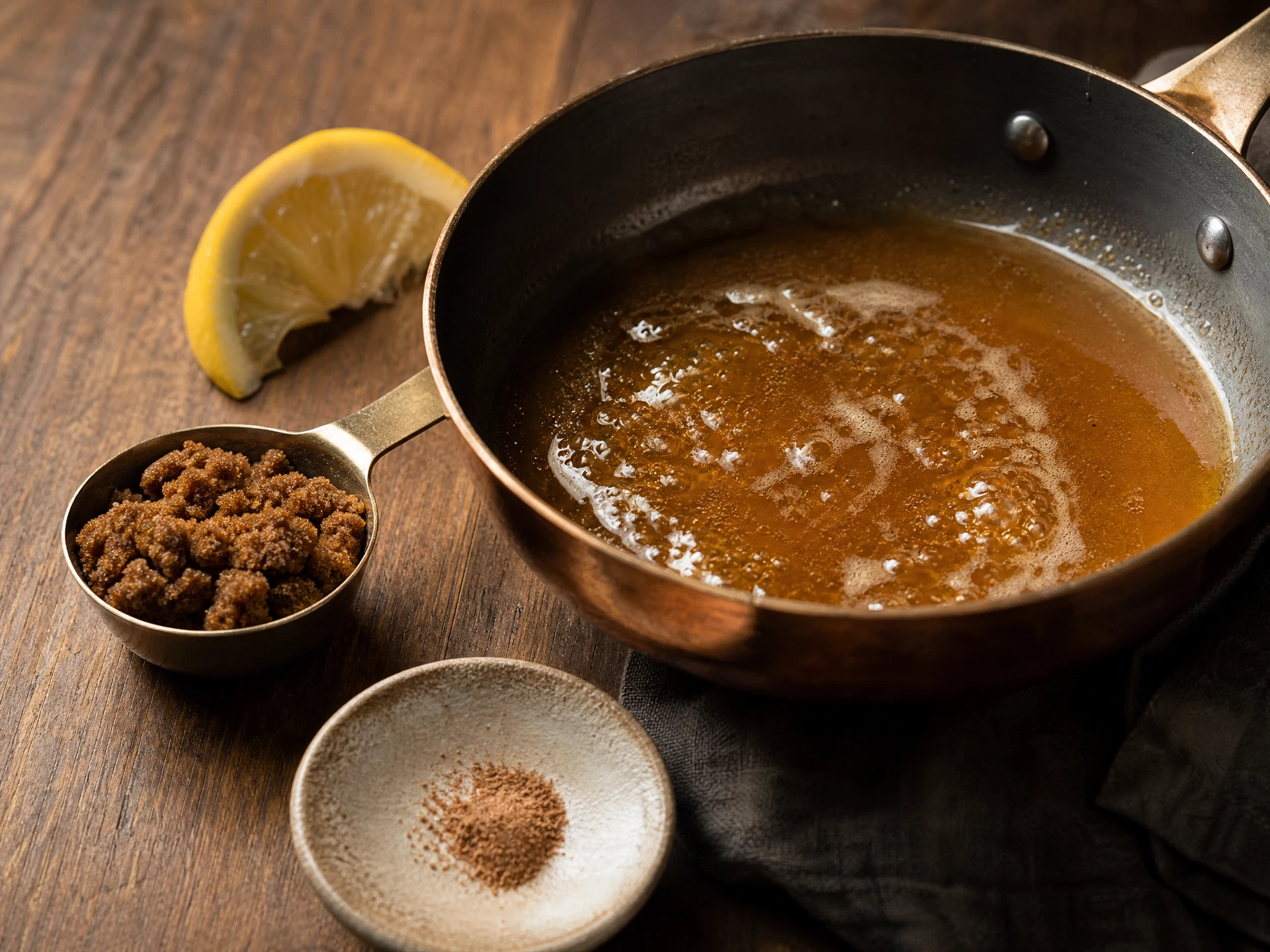 A close-up view of a stainless steel saucepan containing a bubbling, dark amber apple cider reduction infused with ground nutmeg.
