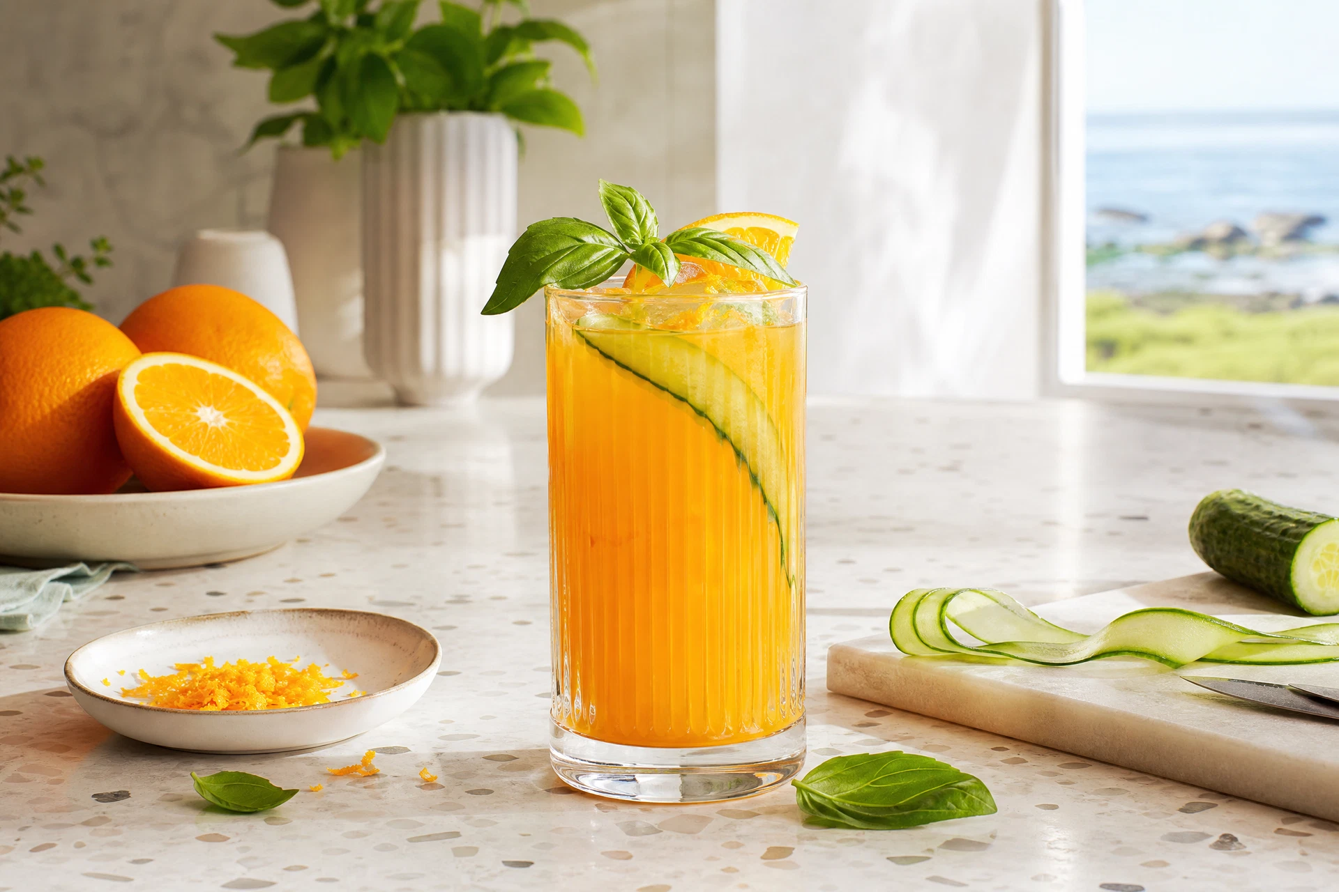 Close-up of fresh orange slices, cucumber, and basil leaves next to a sparkling citrus drink.