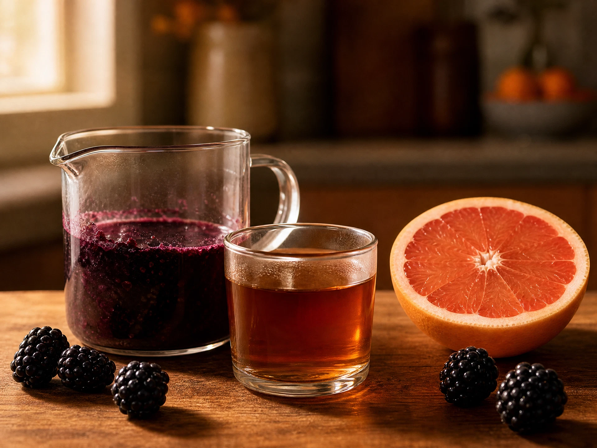 A close-up of a single glass filled with the dark purple Blackberry Smokehouse Fizz over ice, with a sprig of fresh blackberries and a lemon twist on the rim.