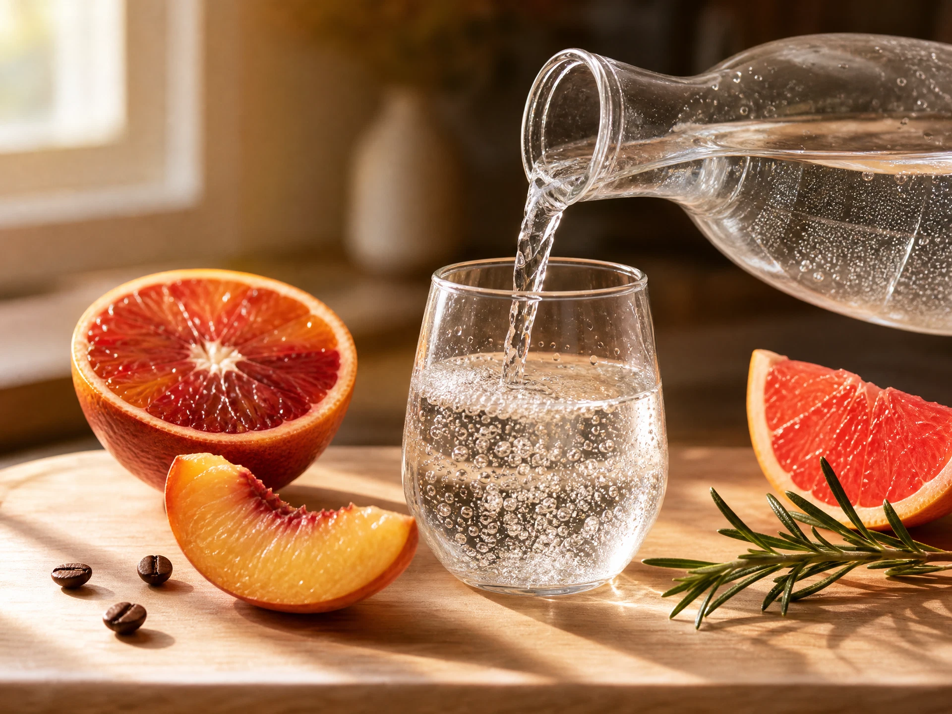 A close-up shot of the Maple Cold Brew and Grapefruit Rosemary pours, highlighting the delicate bubbles and fresh rosemary garnish.