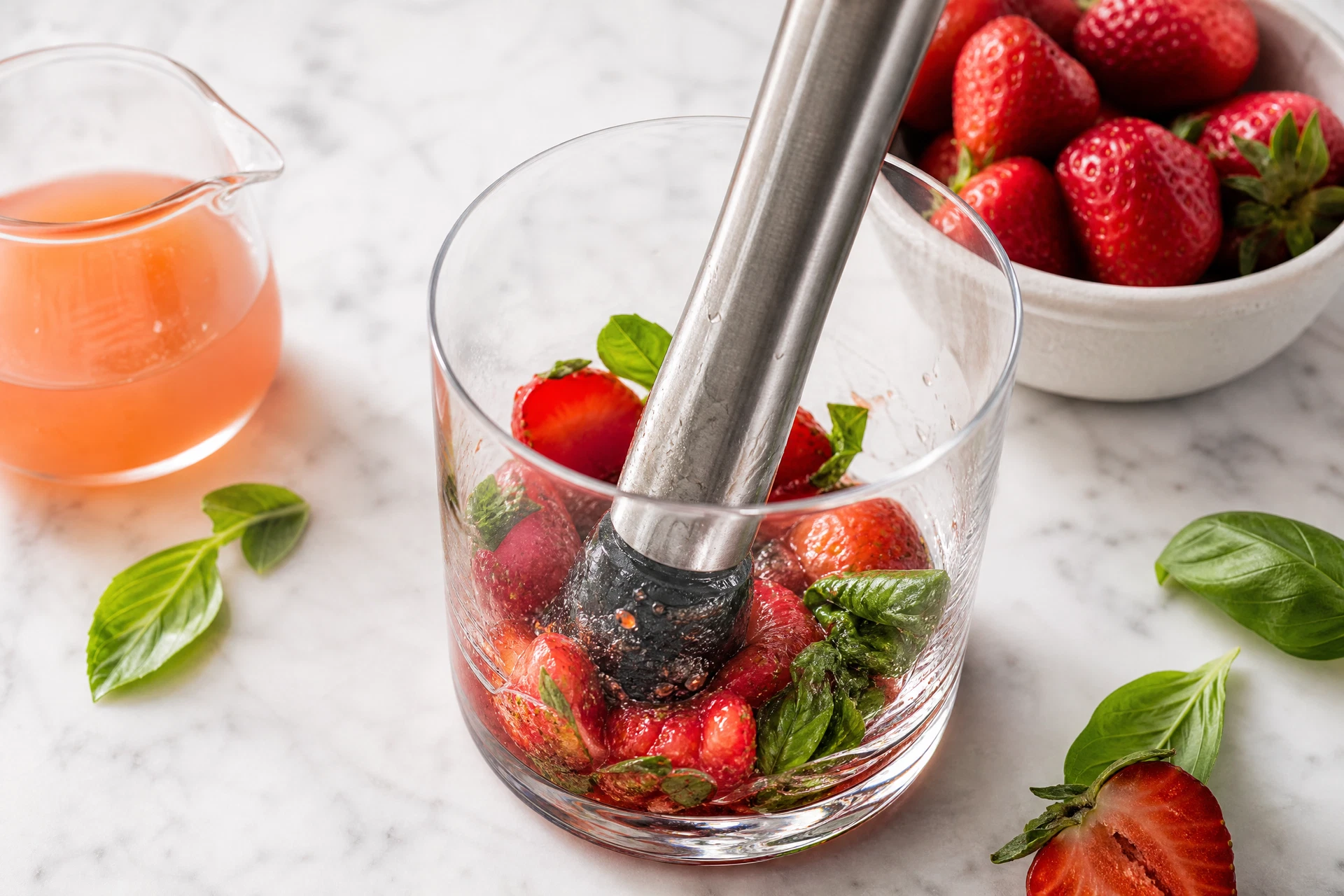 Top-down view of a refreshing strawberry and grapefruit spritz on a wooden table.