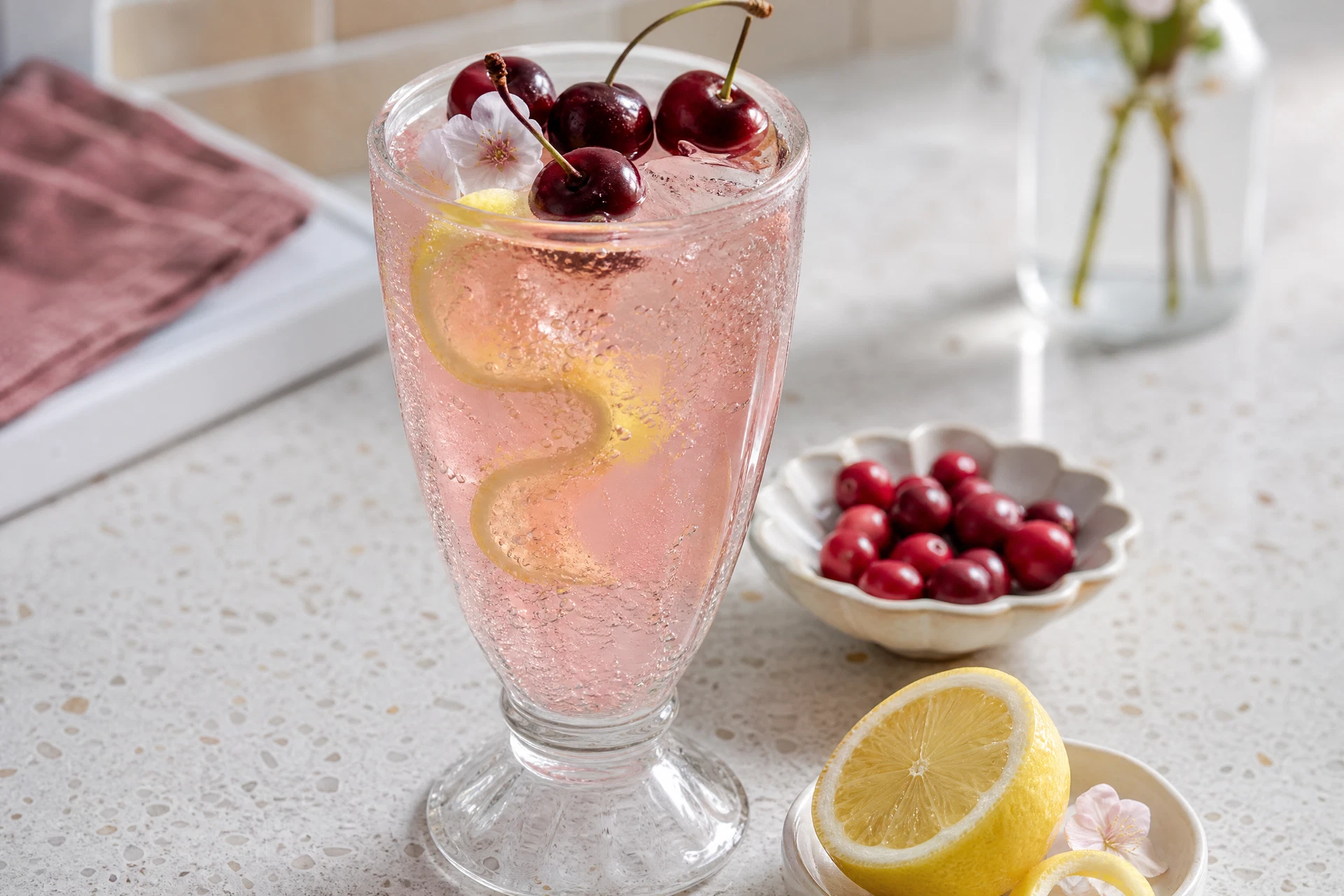 Tart cherry juice, cranberry juice, lime, orange blossom water, and dried cherries beside a sparkling pink mocktail.