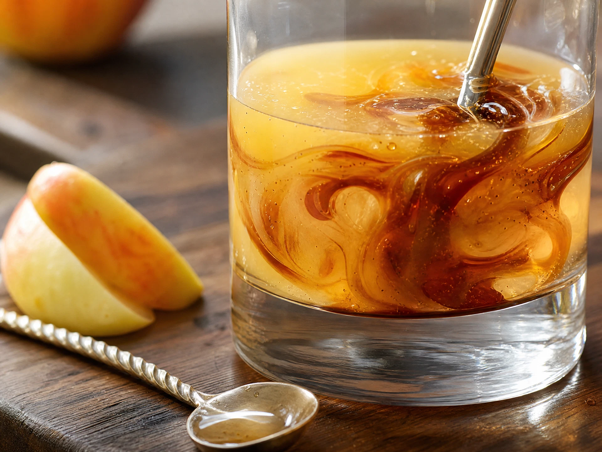 A close-up of the mixing process showing dark vanilla bean specks suspended in golden caramel and cloudy apple cider.