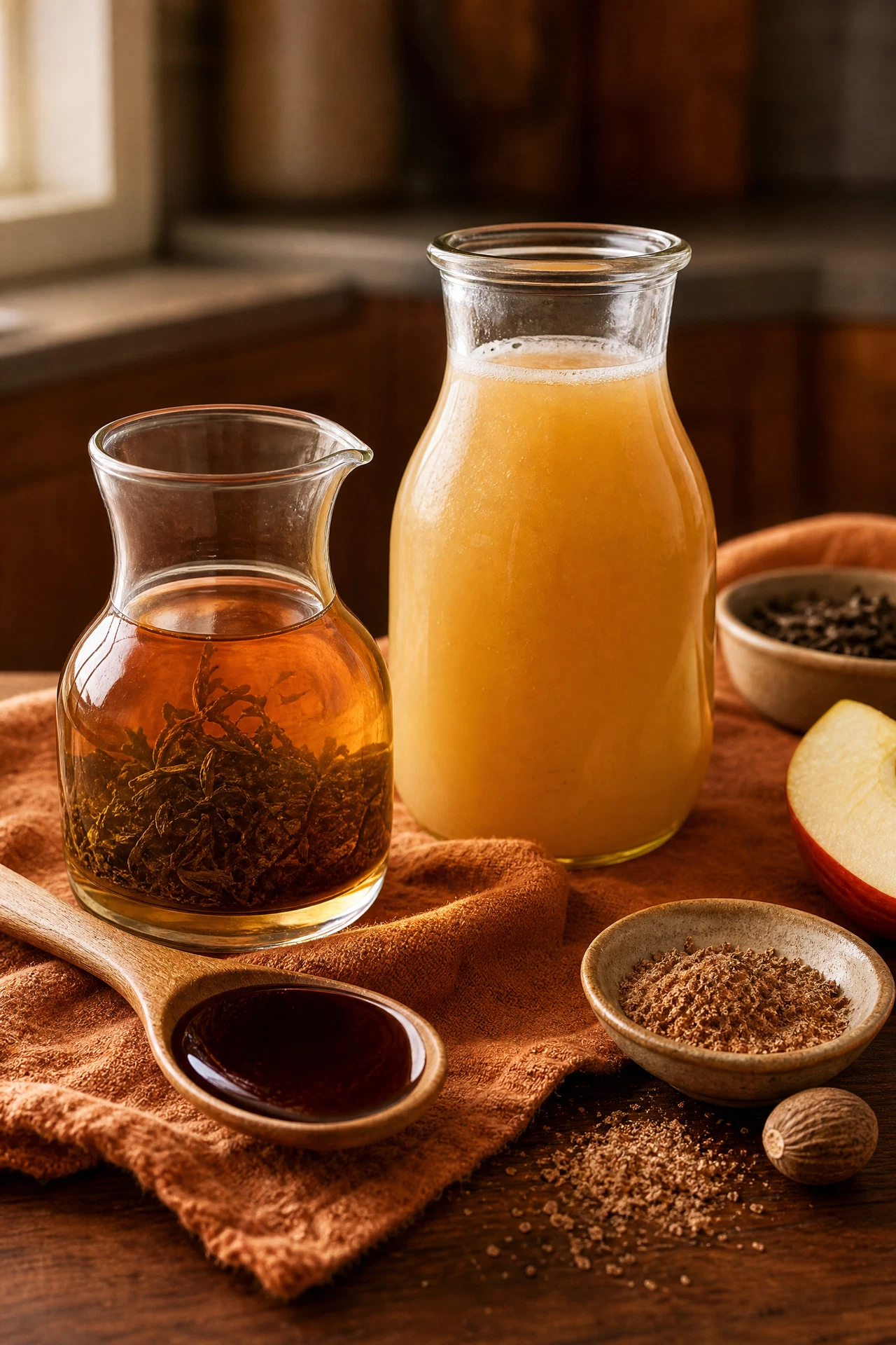 Oolong tea, unfiltered apple juice, date syrup, nutmeg, and an apple slice prepared for a Caramel Oolong Apple Fizz.