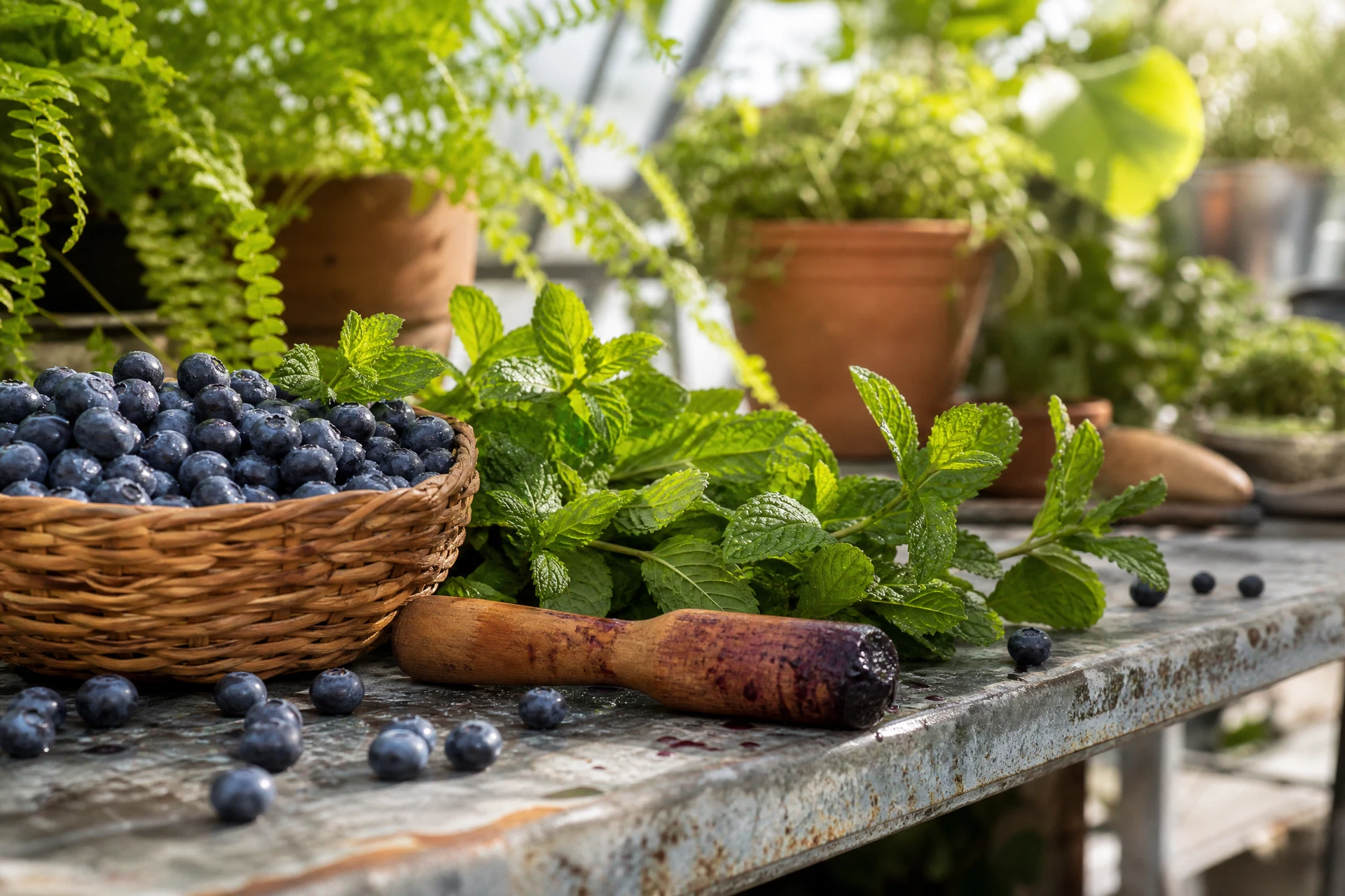 Close-up of muddled blueberries and mint leaves in a glass shaker.