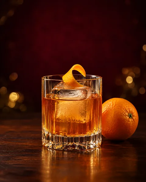 Amber alcohol-free classic-style drink with an orange twist and large ice cube