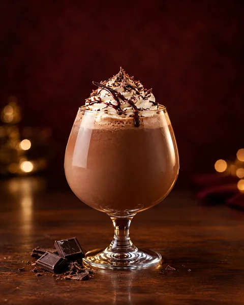 Creamy chocolate dessert mocktail with whipped cream and chocolate shavings