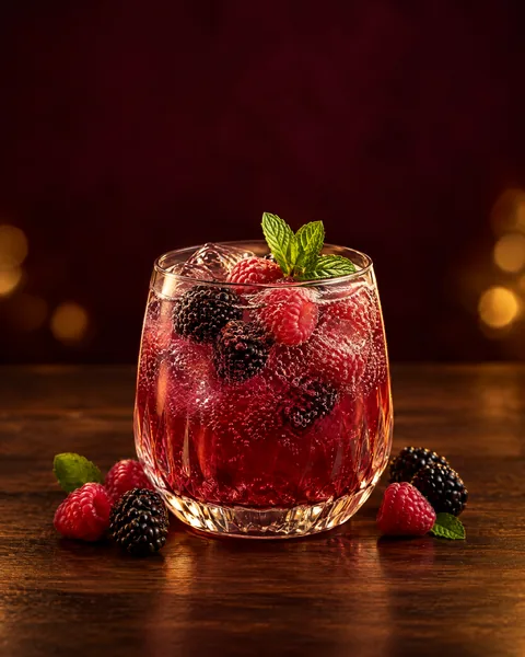 Ruby berry mocktail with raspberries, blackberries, and mint
