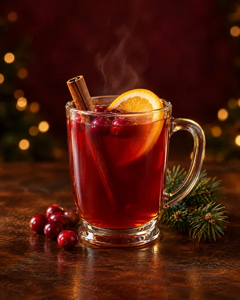 Warm cranberry cider with cinnamon and orange in a glass mug