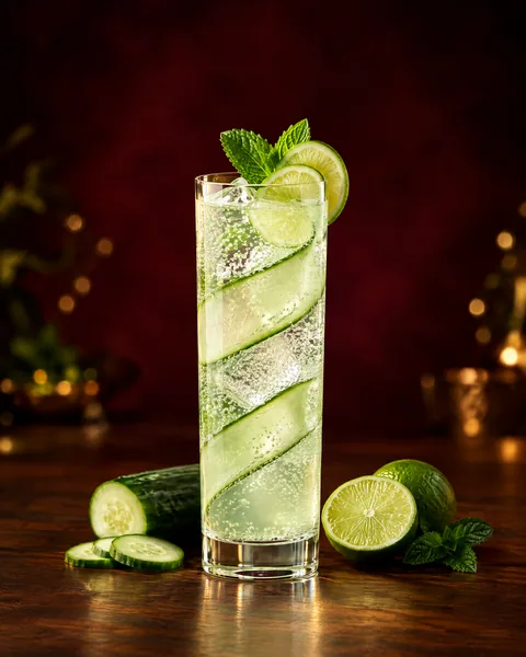 Light cucumber-lime sparkling mocktail with a cucumber ribbon