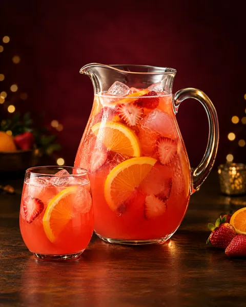 Coral fruit punch pitcher with strawberries, orange slices, and a matching glass