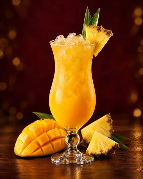 Golden pineapple and mango mocktail in a hurricane glass