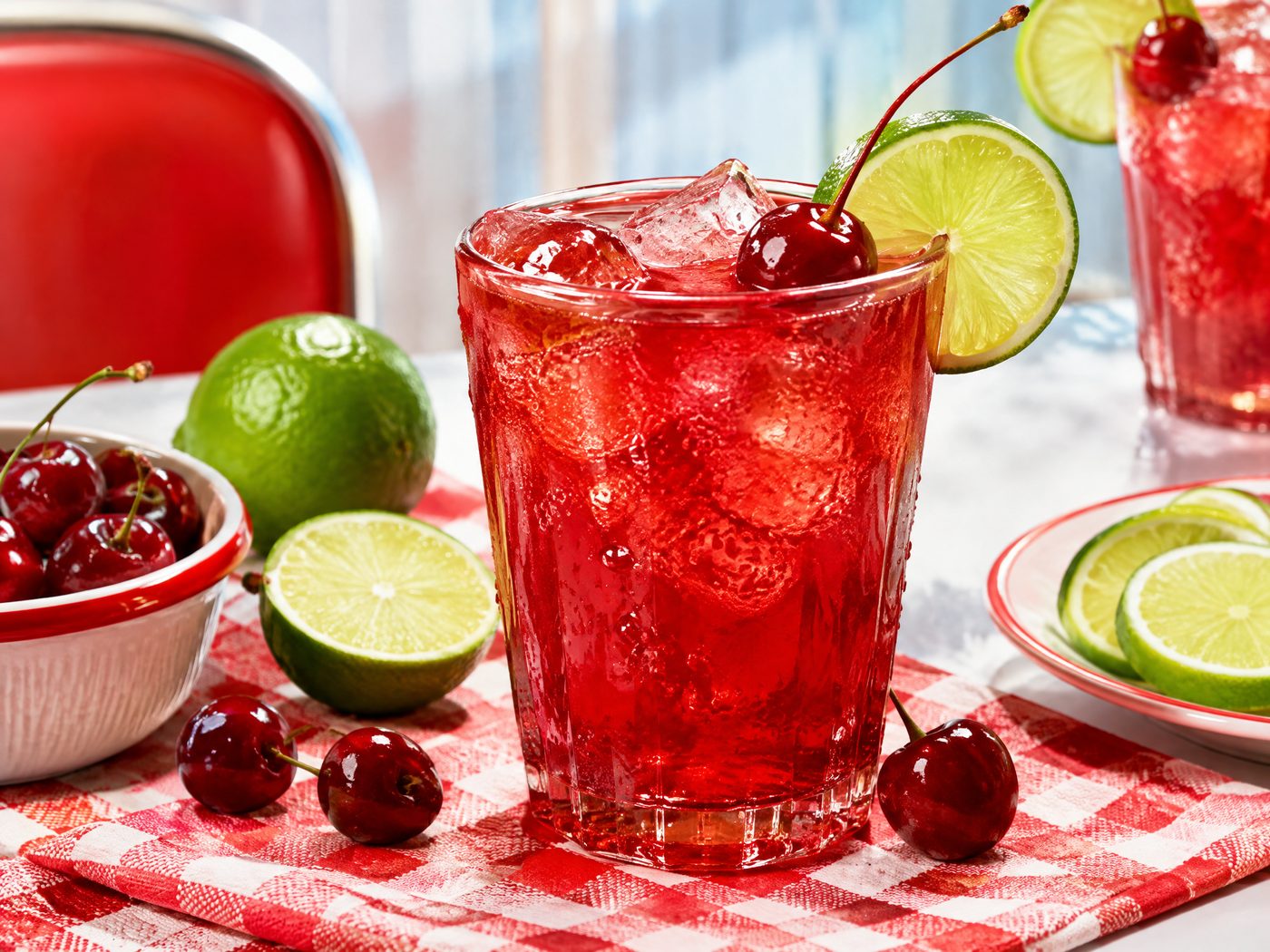 Cherry Limeade mocktail with ruby cherries, lime wheels, and bright fizzy bubbles