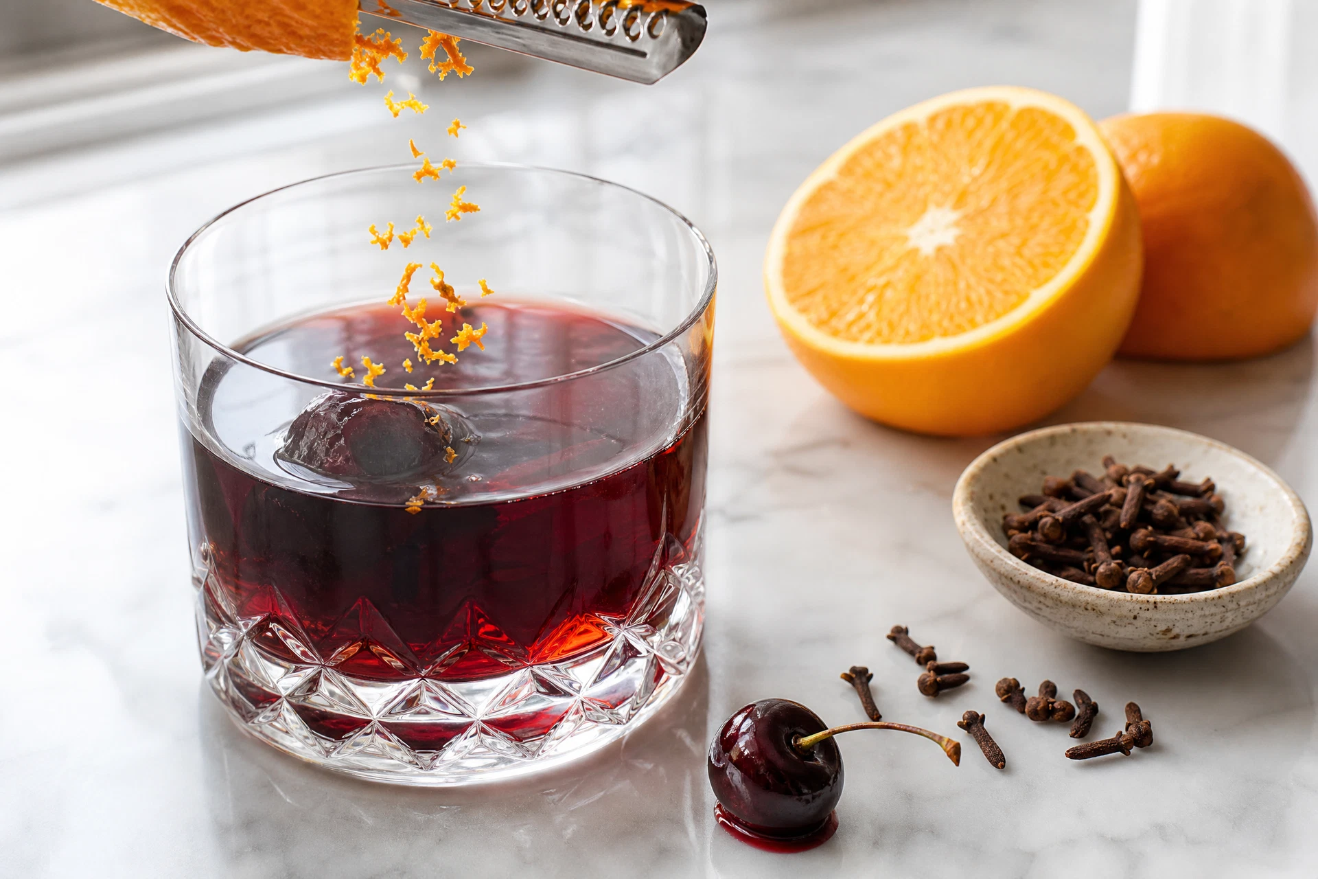 Ingredients for the black cherry and orange mocktail arranged on a wooden table with spices.