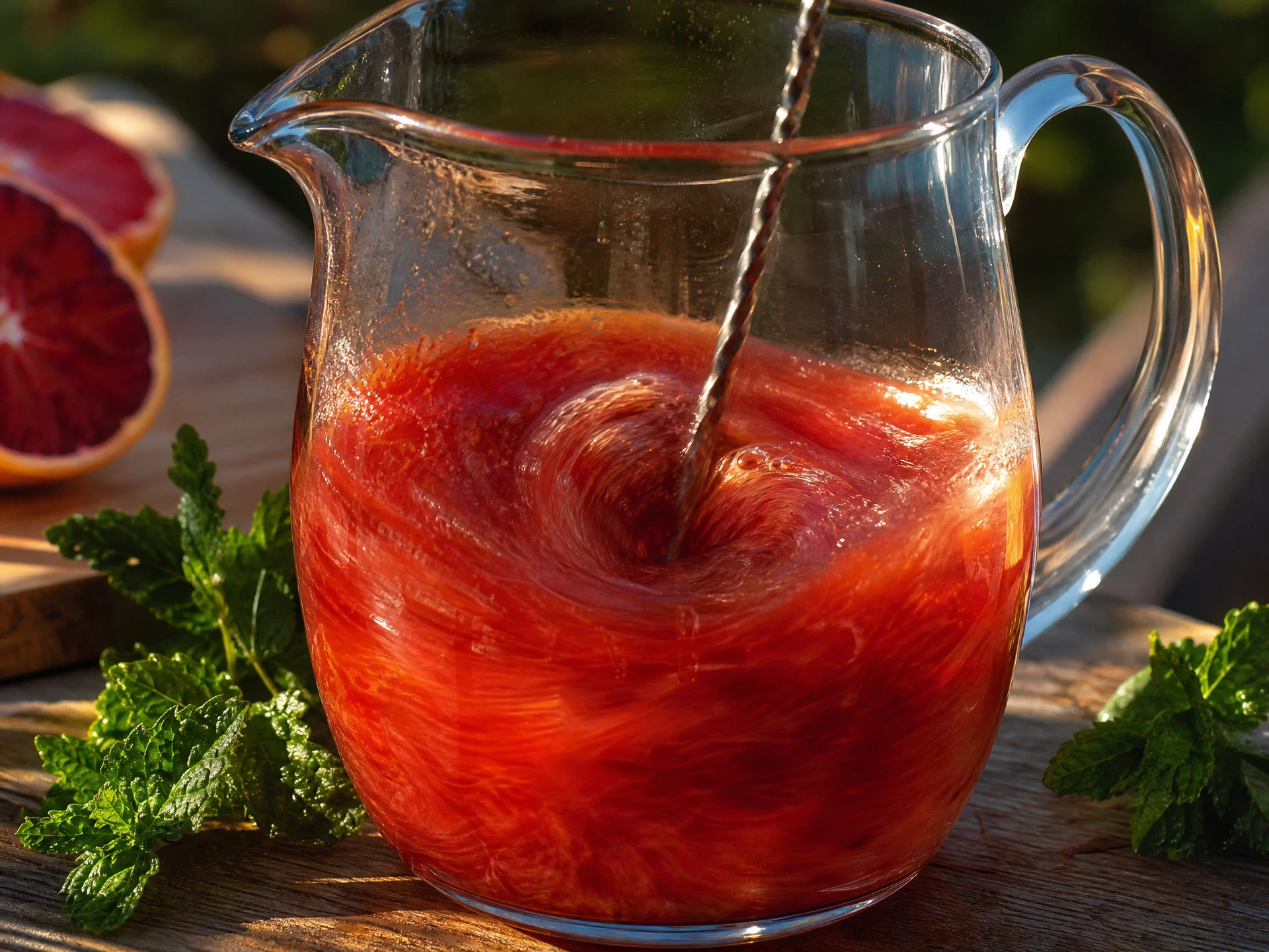 A close-up shot of a single highball glass filled with the vibrant red Citrus End-Zone Punch, showing carbonation bubbles and a fresh mint garnish.
