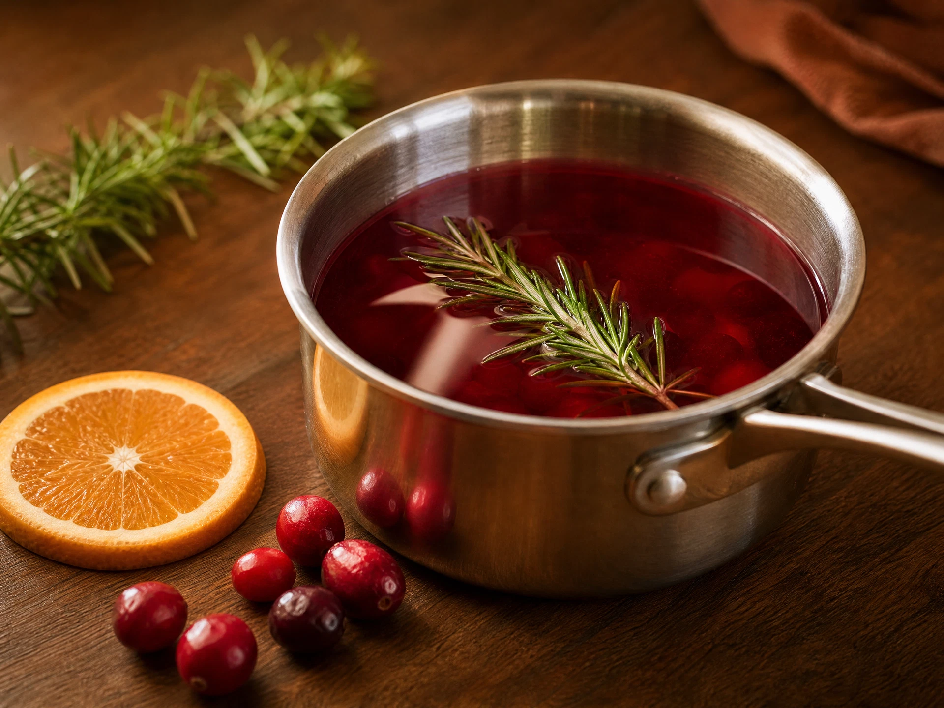 A close-up shot of a single glass of red harvest punch with a rosemary sprig garnish and condensation on the glass, set against a festive autumn table.