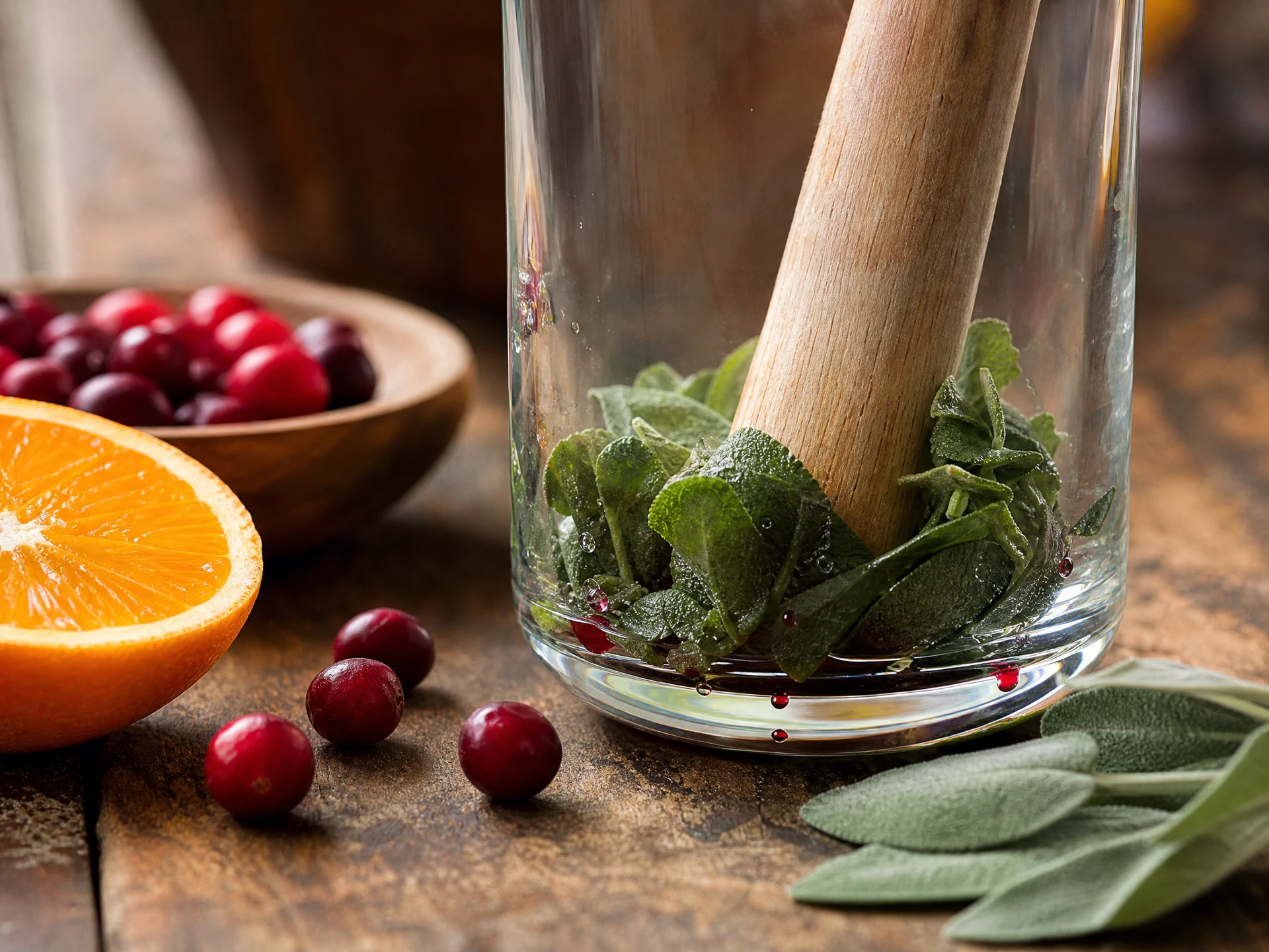 A close-up view of fresh sage leaves being gently pressed at the bottom of a glass, with droplets of orange and cranberry juice visible.