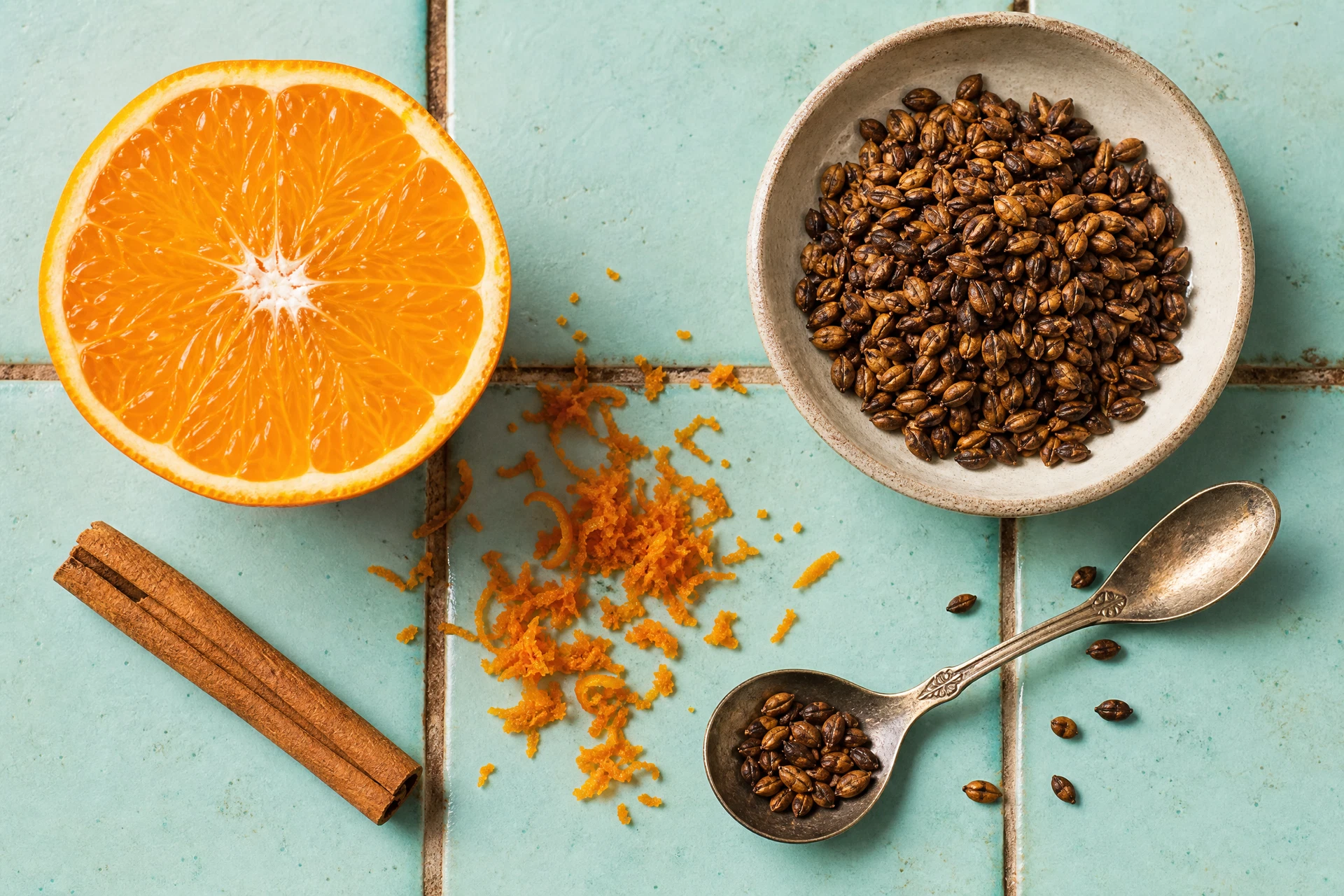 Close-up of the ingredients including satsuma mandarins and toasted barley tea bags.
