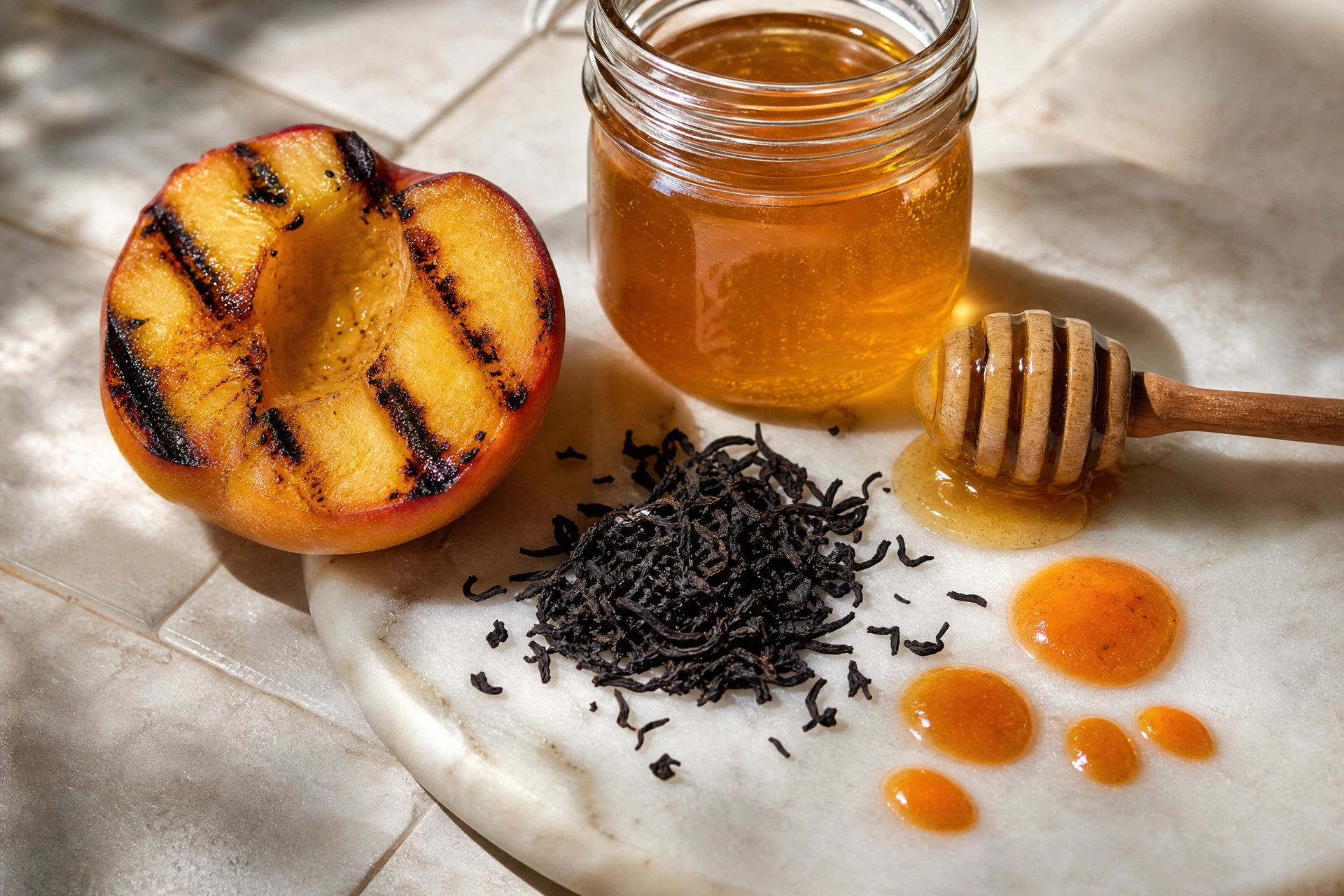 Close-up of the grilled peach puree and hot honey syrup being mixed for a Nashville mocktail.