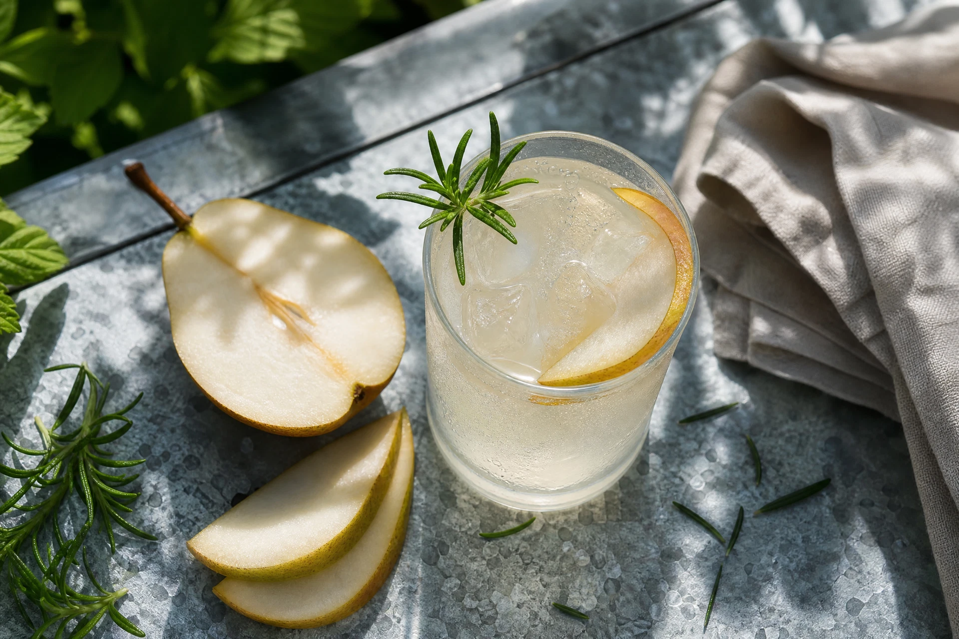Close-up of fresh rosemary sprigs and sliced pears next to a bottle of sparkling mineral water.