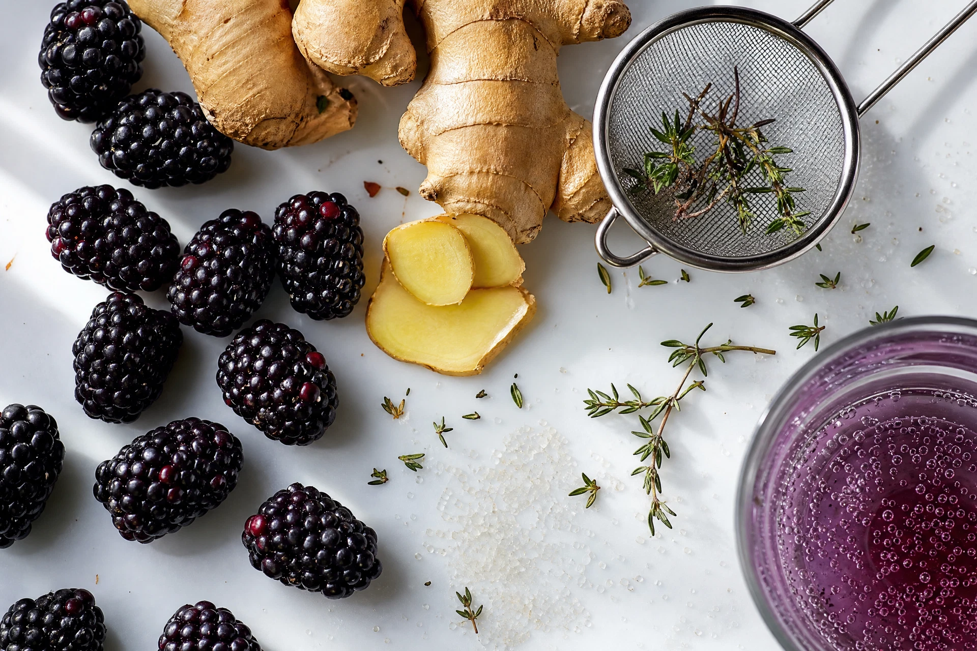 Close-up of fresh blackberries and ginger root next to a sparkling purple drink.