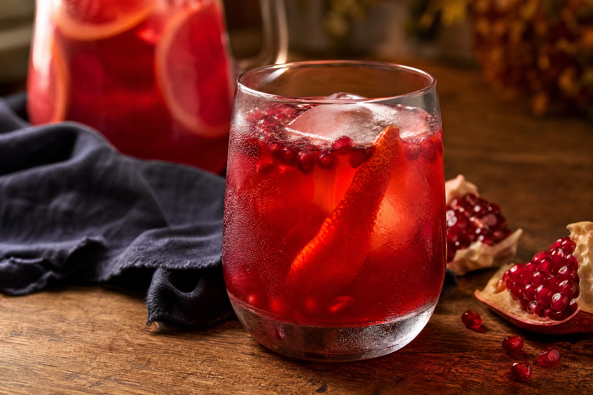 A rocks glass of deep red pomegranate punch with a clear ice cube, lemon peel, pomegranate arils, and fresh ginger.