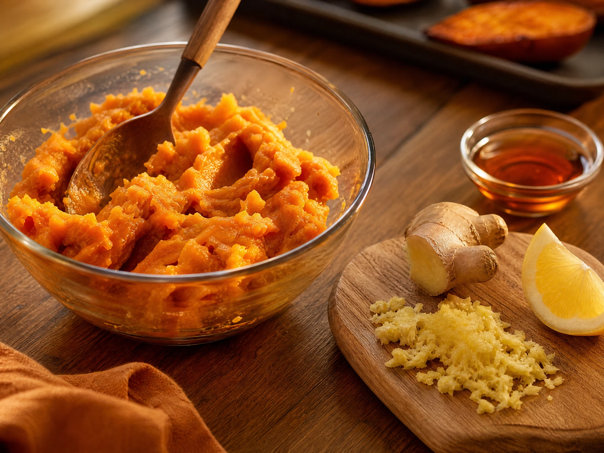 A close-up shot of the sweet potato and ginger mixture being strained through a fine-mesh sieve into a glass of ice.