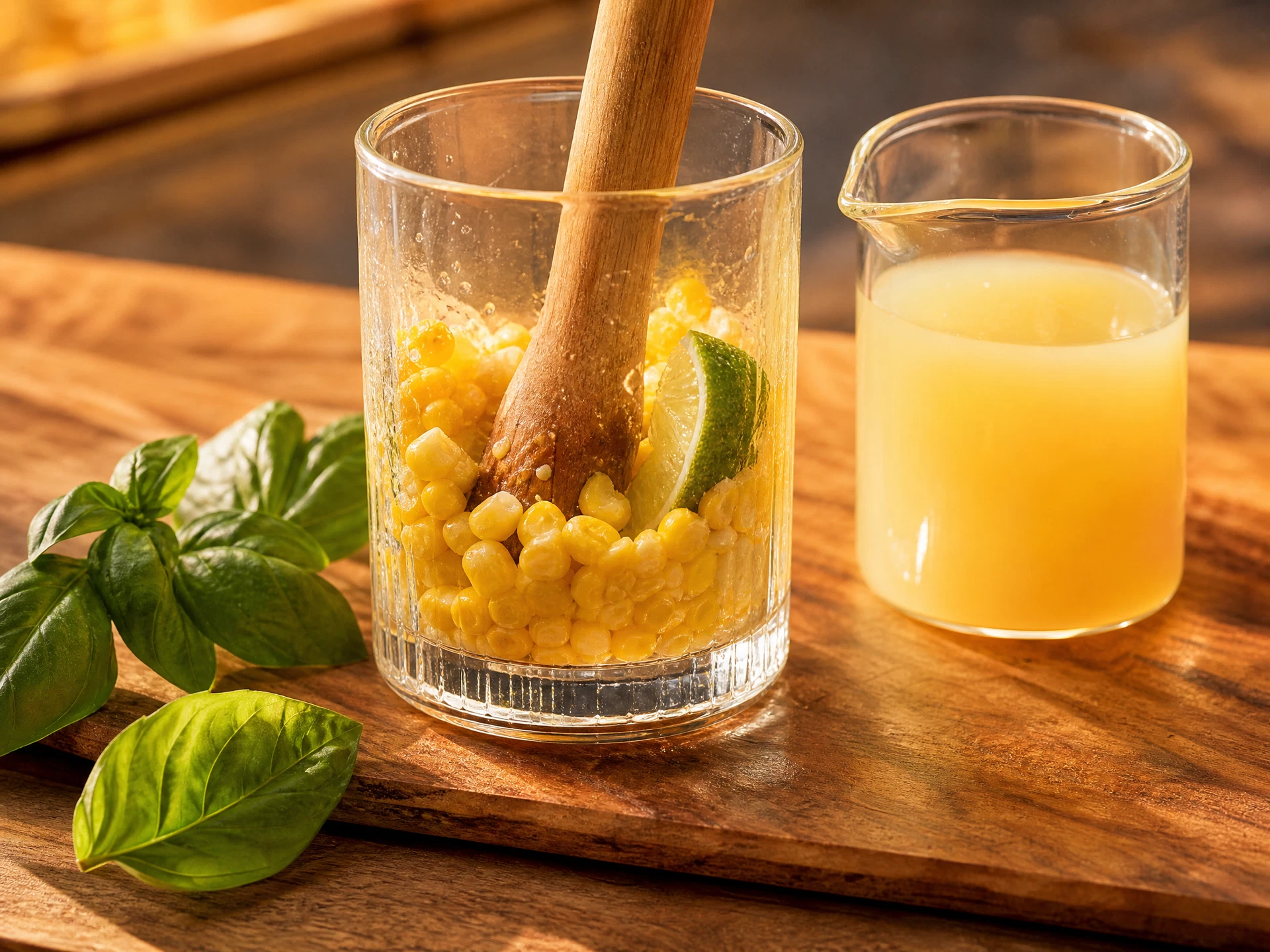 A close-up shot of a single glass of the Golden Cornfield Cooler, showing the fine grains of smoked salt on the rim and the effervescent bubbles of the ginger beer.