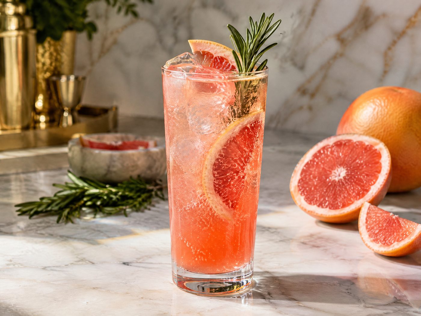 Grapefruit Rosemary Soda mocktail with ruby grapefruit, rosemary, and refined sparkling citrus