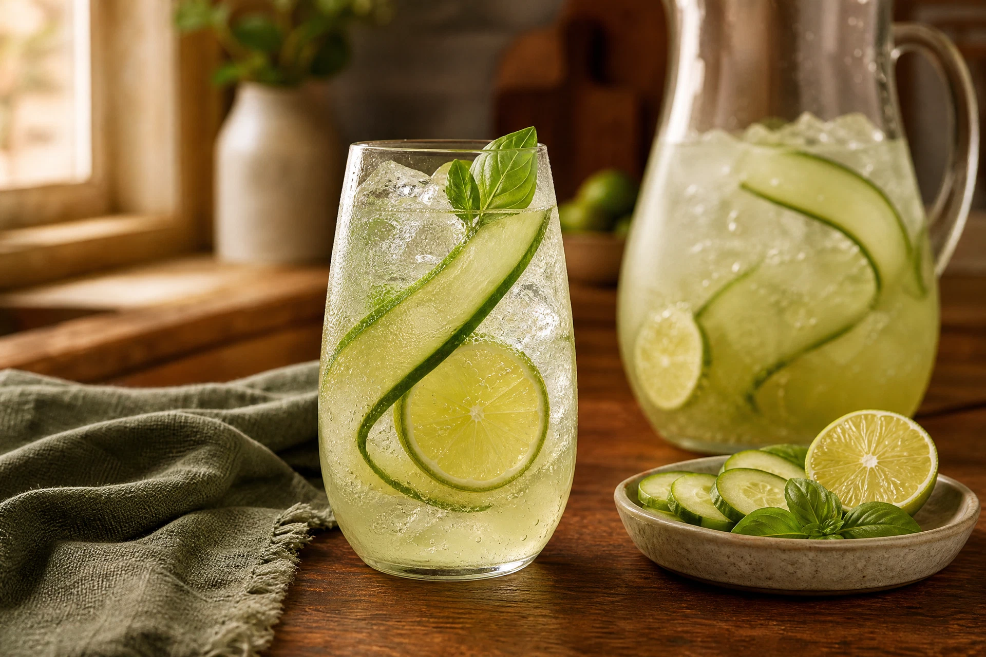 A single cucumber-lime mocktail in a tall glass with a cucumber ribbon, lime wheel, basil leaf, and clear ice.