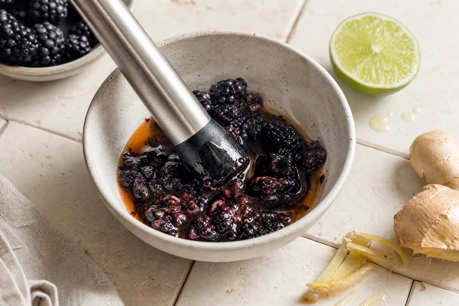 Close-up of fresh blackberries and a small jar of maple syrup next to a ginger beer bottle.