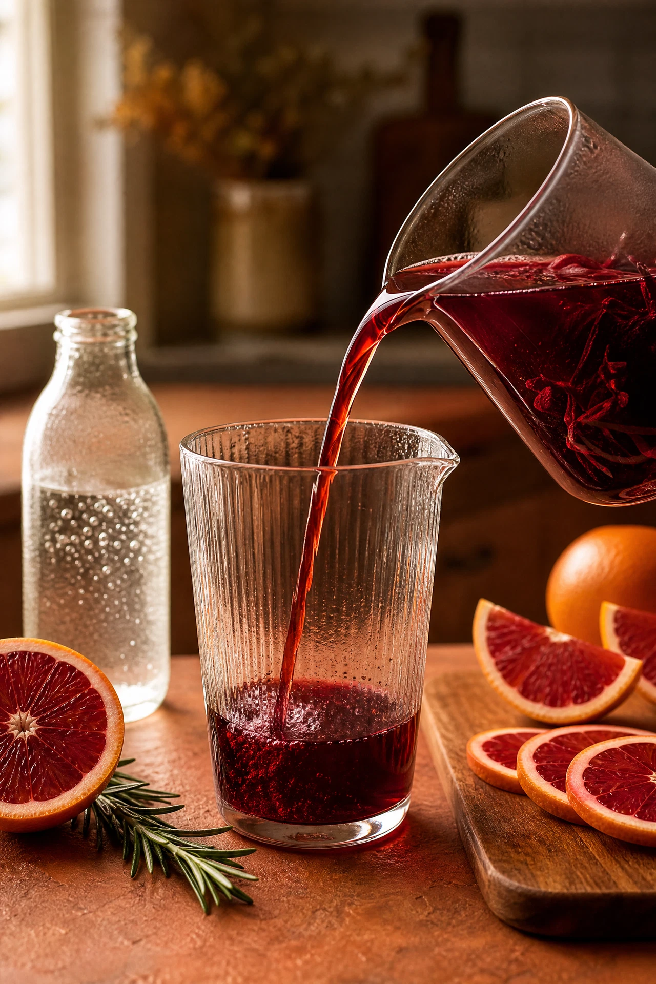 Crimson hibiscus tea and blood orange slices prepared for a Hibiscus Blood Orange Tonic.