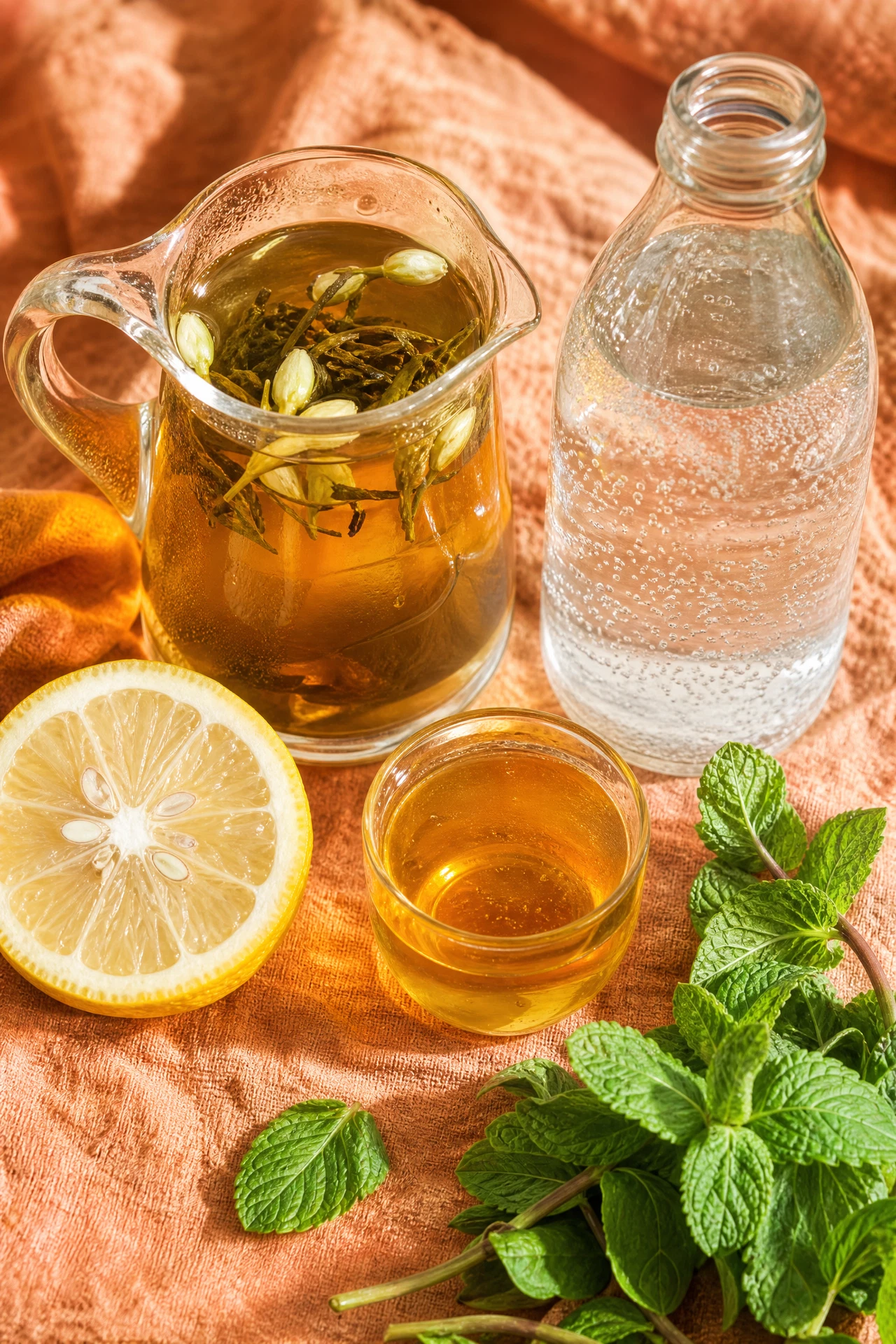 Jasmine tea, yuzu citrus, honey syrup, sparkling water, and mint arranged for a Jasmine Yuzu Sparkler.