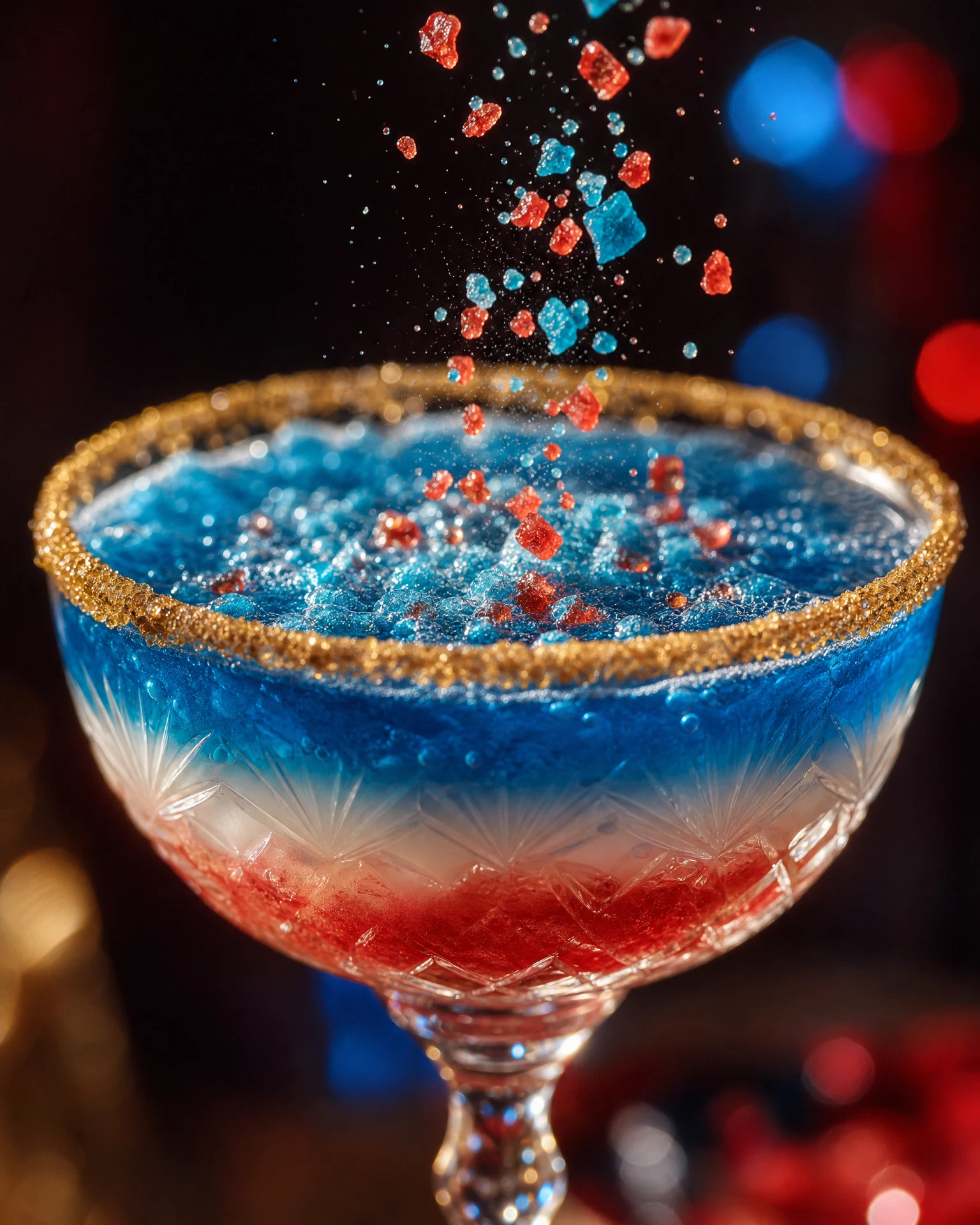 Close-up of blue and red Pop Rocks crystals being sprinkled onto the blue layer of the Liberty Fireworks Spectacular, creating a crackling fireworks effect on the drink's surface