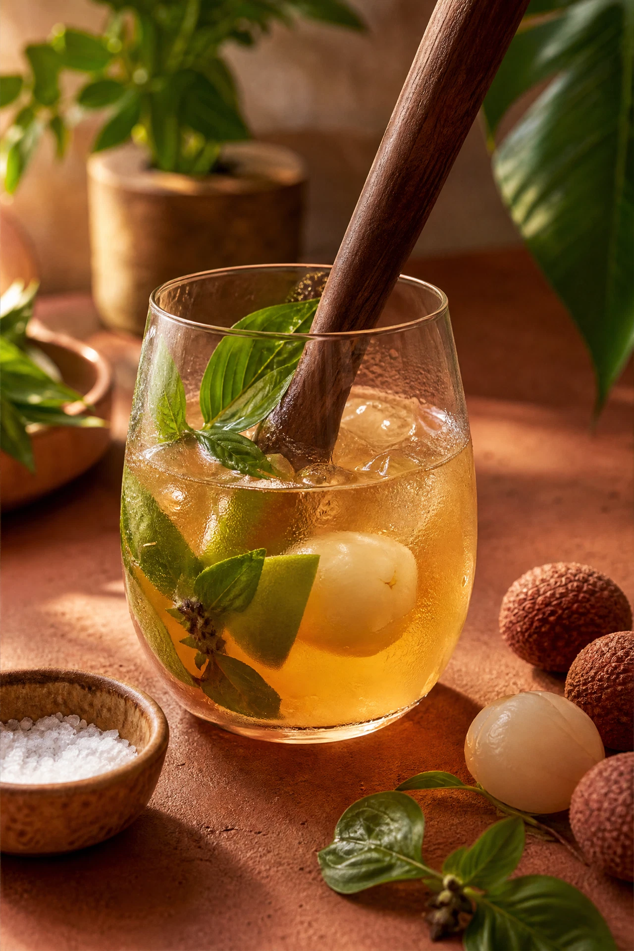 Thai basil, lychee, lime, jasmine tea, and sea salt prepared for a Lychee Thai Basil Jasmine Cooler.