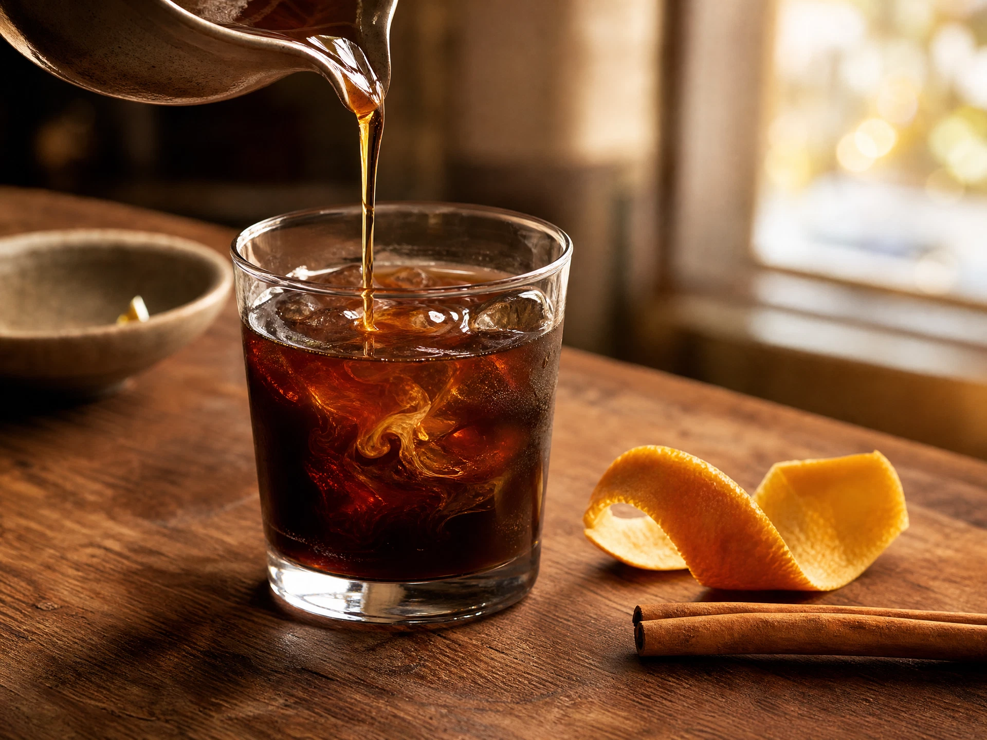 A close-up view of the bubbles in a Maple Cold Brew Tonic, showing the orange oils on the surface and a cinnamon stick resting against the ice.