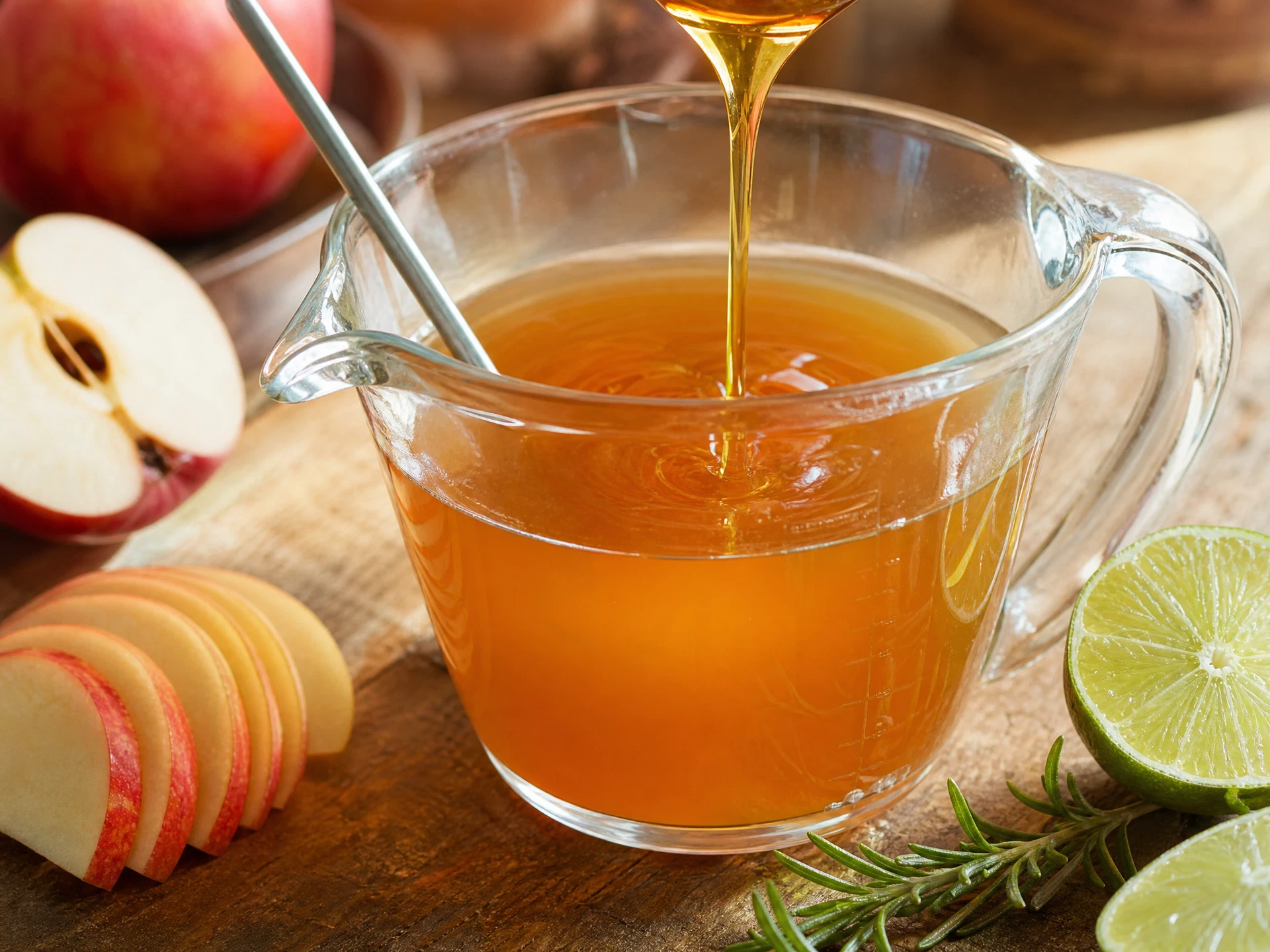 A close-up view of fresh apple cider being stirred with maple syrup and lime juice in a glass pitcher, surrounded by whole red apples.