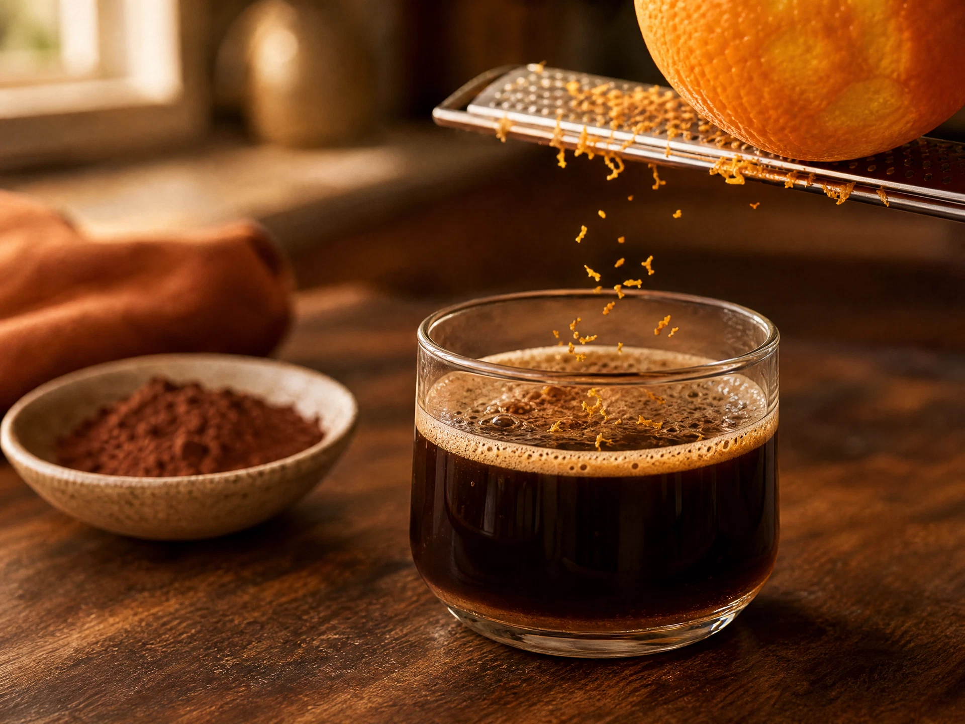 A top-down view of a Mocha Orange Fizz showing the contrast between the dark espresso base, the bright orange garnish, and the sparkling bubbles on the surface.