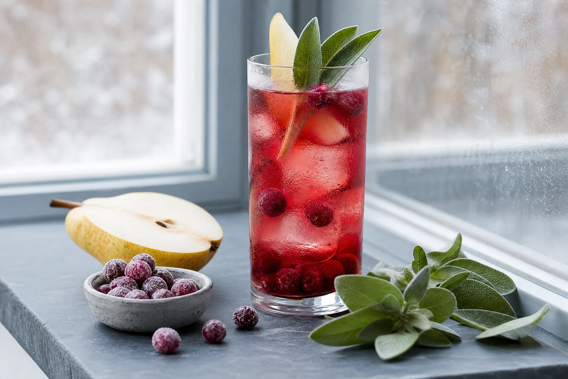 Close-up of fresh sage leaves and a bowl of cranberries next to a pear-based drink.