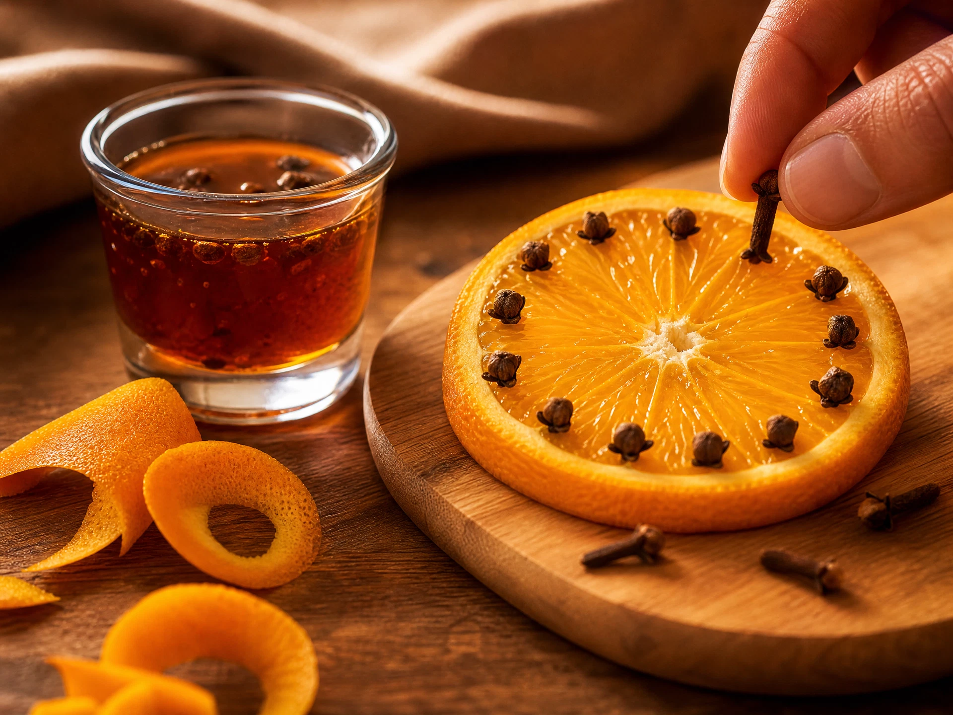 A close-up shot of the sparkling orange mocktail showing the carbonation bubbles and the rich amber hue of the clove-infused citrus blend.