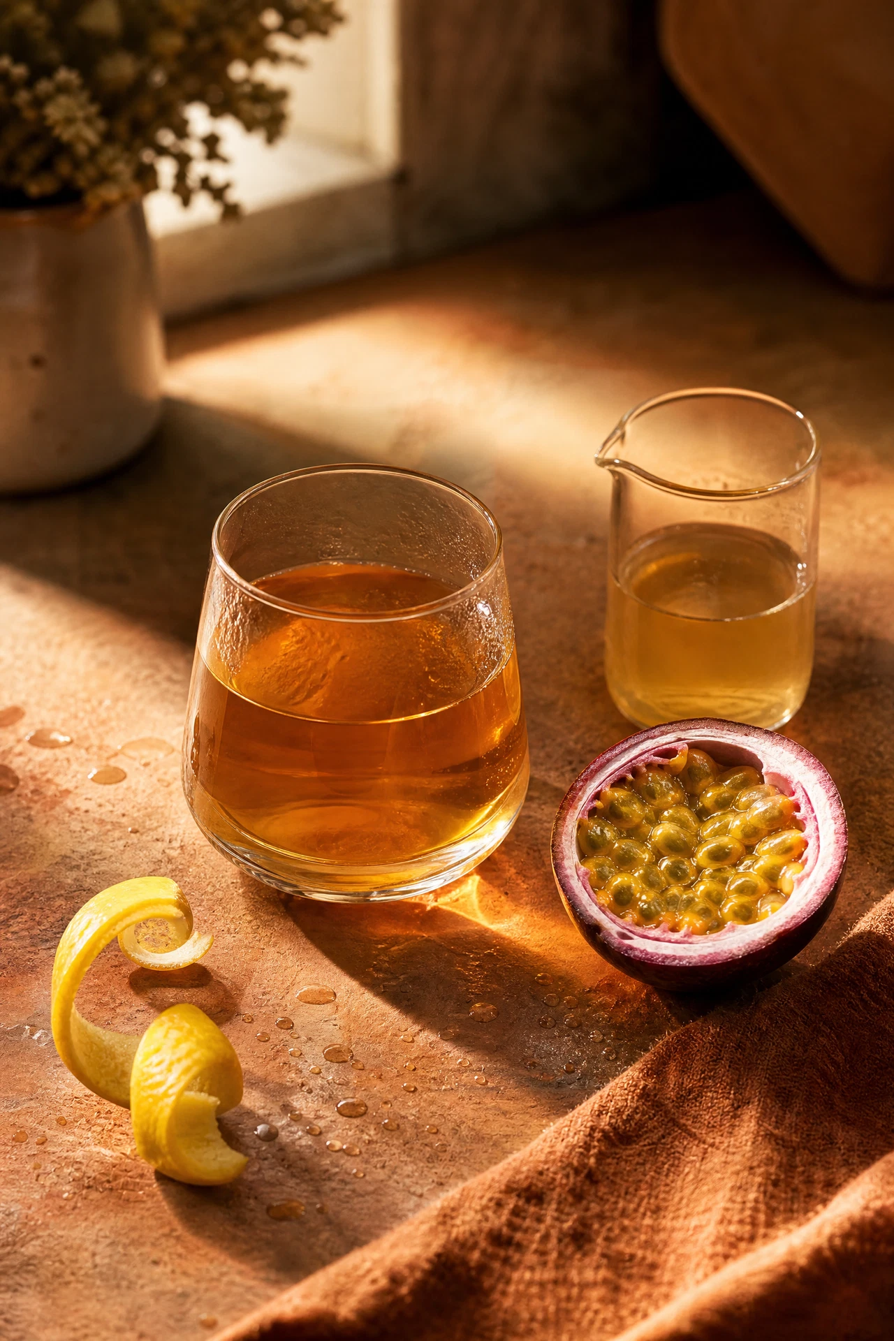 Earl Grey tea, passionfruit, lemon, and vanilla syrup prepared for a Passionfruit Earl Grey Fizz.