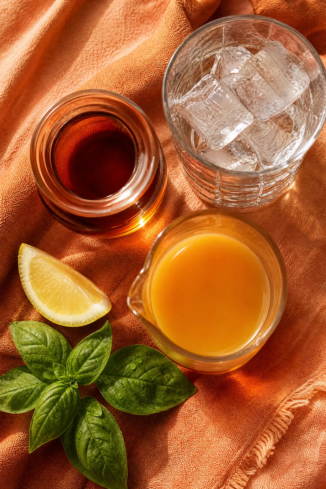Black tea, peach nectar, lemon, basil, and ice prepared for a Peach Black Tea Highball.