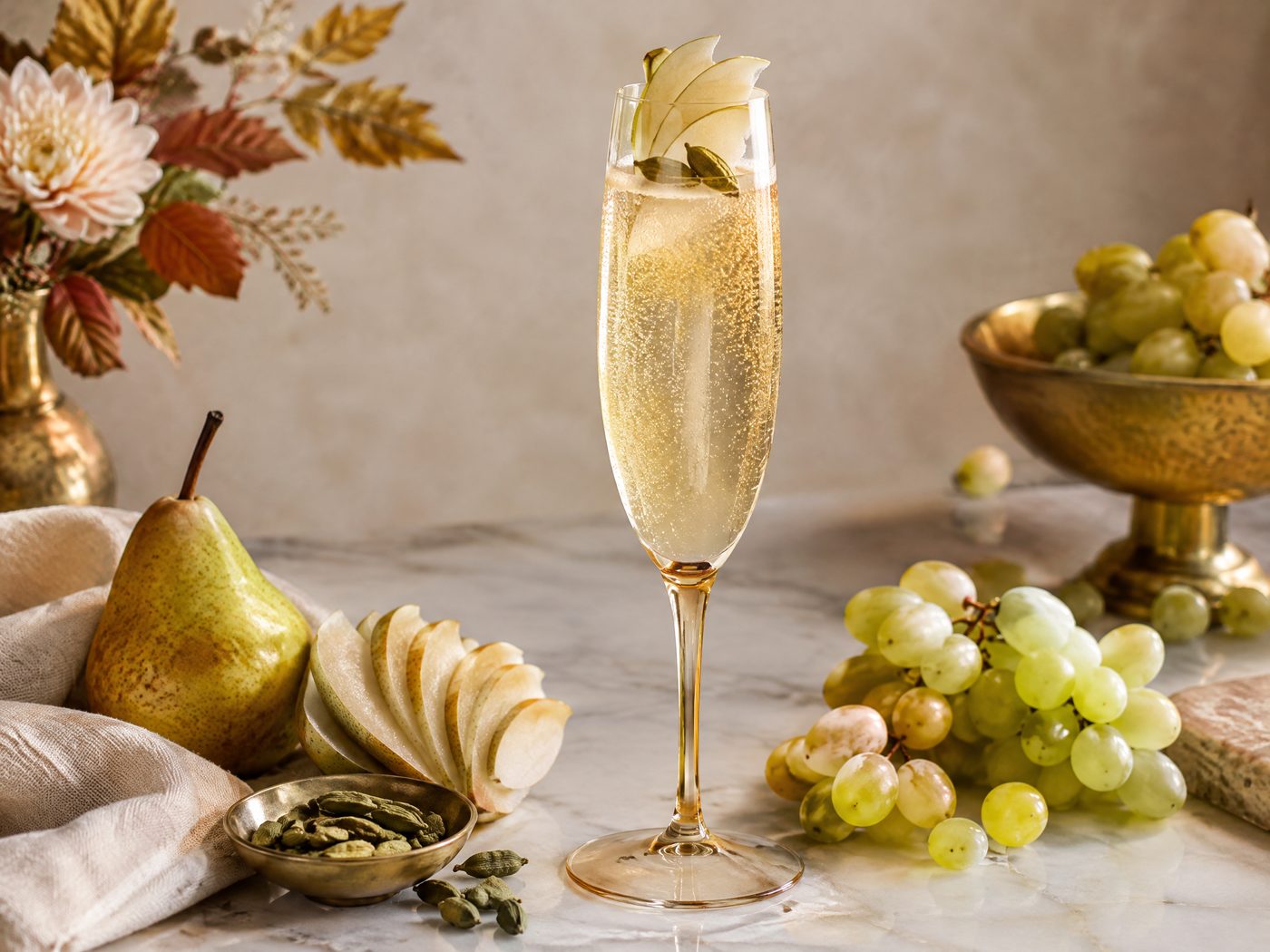 Pear Cardamom White Grape Sparkling Mocktail