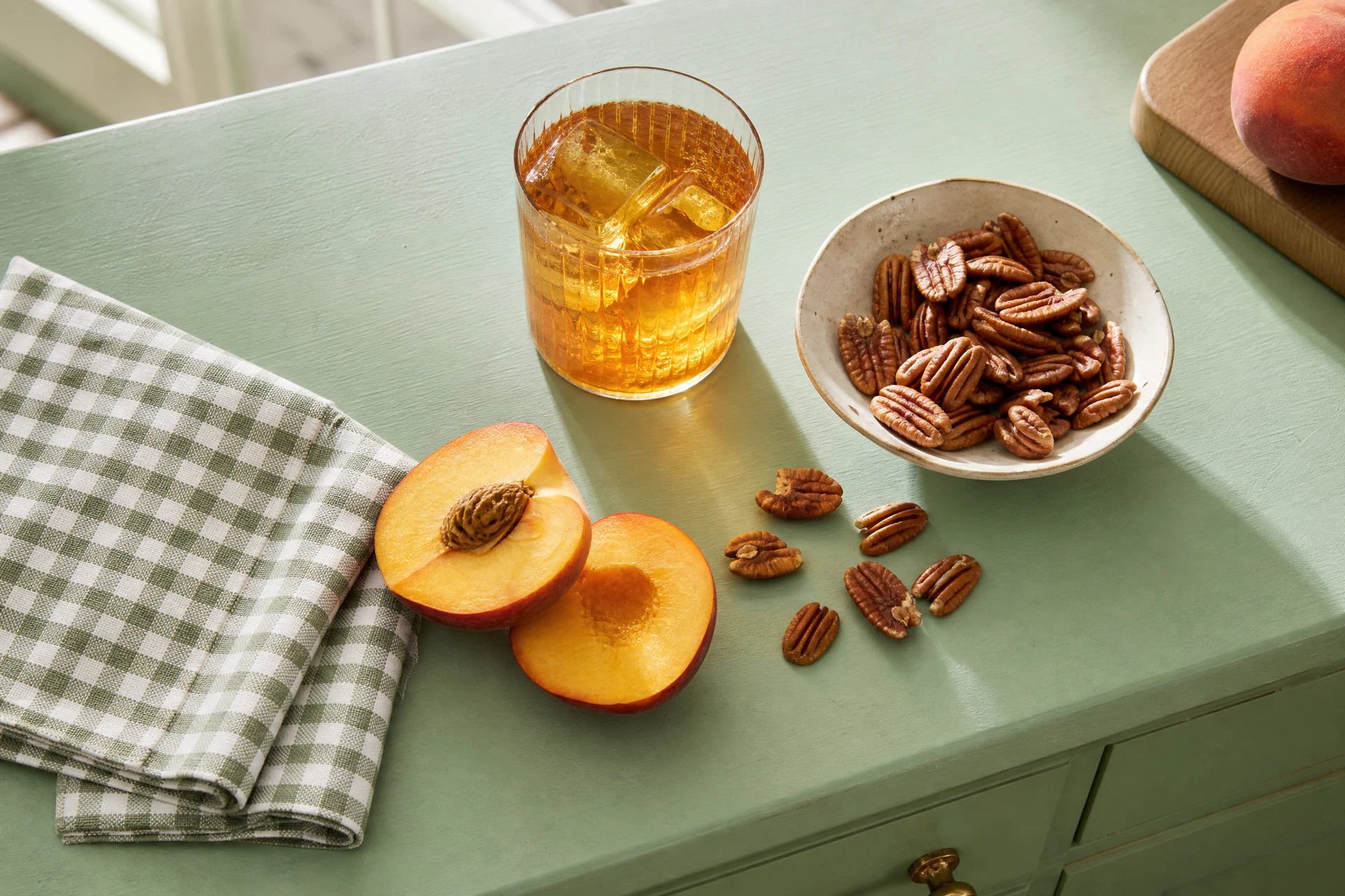 Ingredients for the peach and pecan mocktail including fresh peaches and a bowl of pecans.