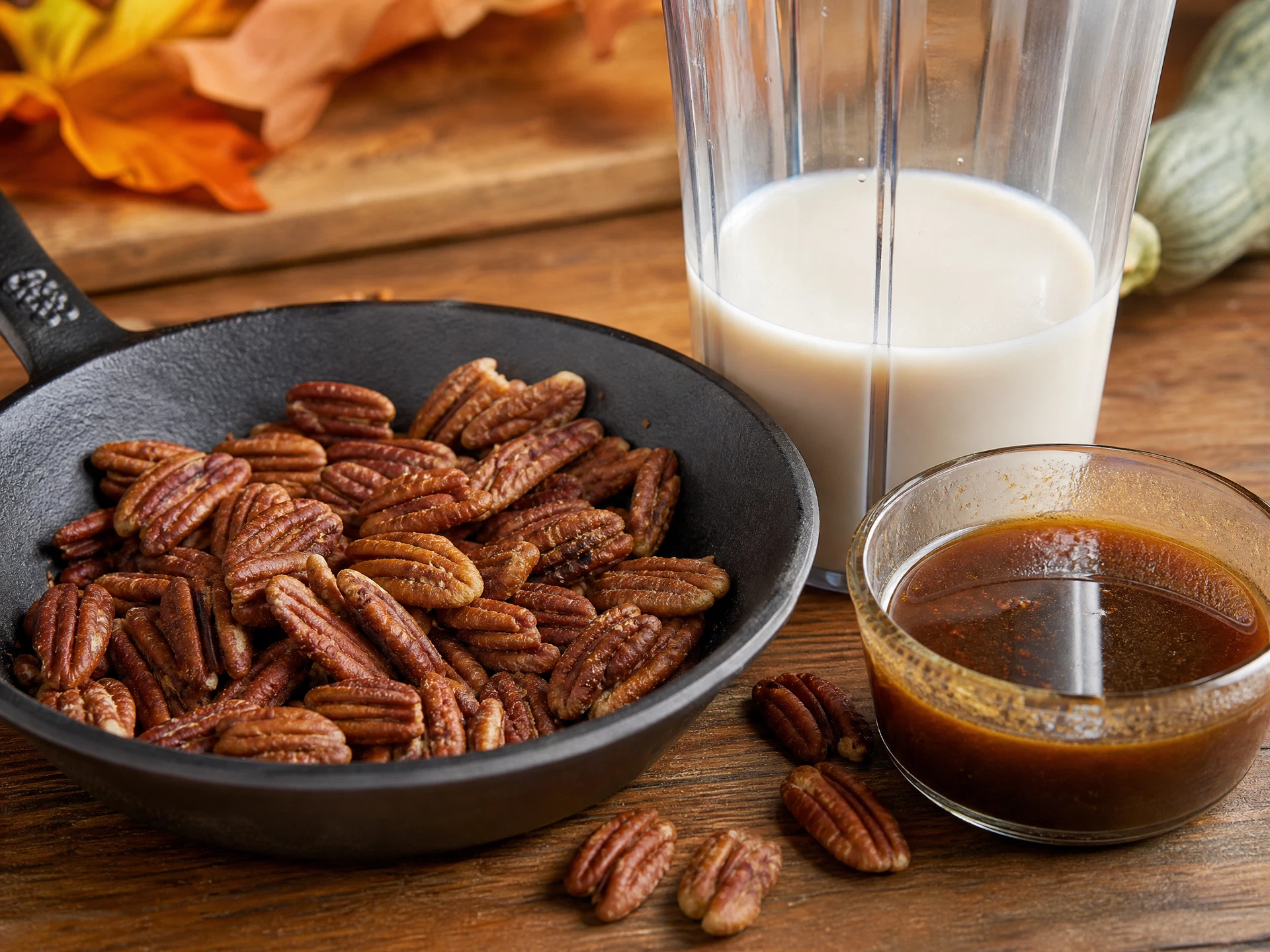 A close-up shot of the toasted pecan milk being poured into a glass, showing the rich texture and the dark brown sugar syrup swirling at the bottom.