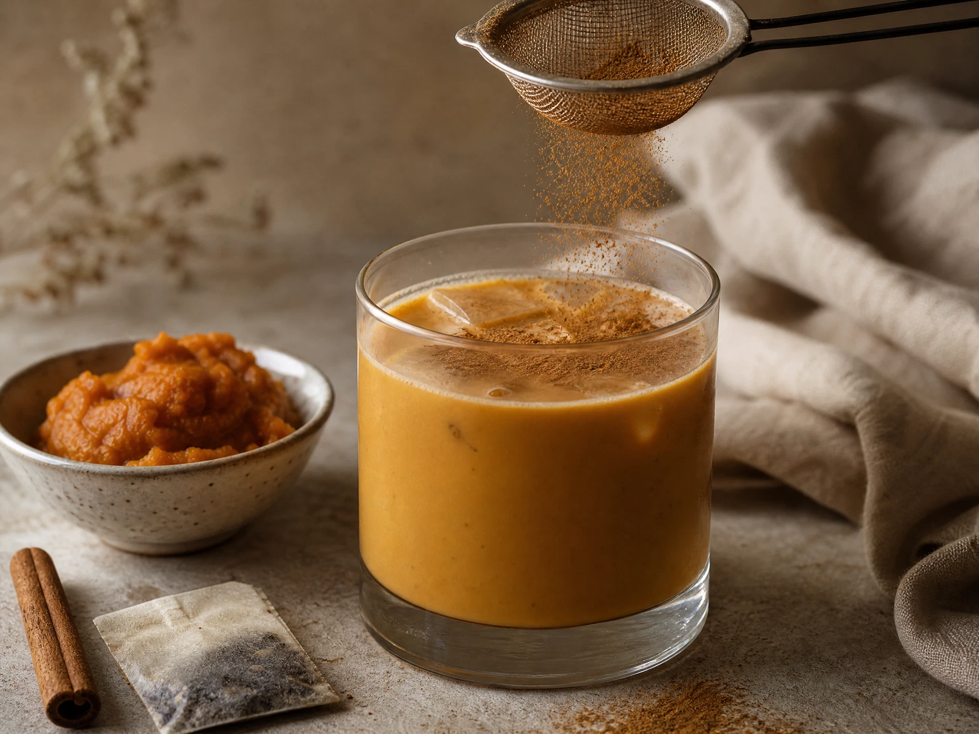 A top-down view of a frothy pumpkin chai cooler showing the fine cinnamon dusting and the effervescent bubbles on the surface.