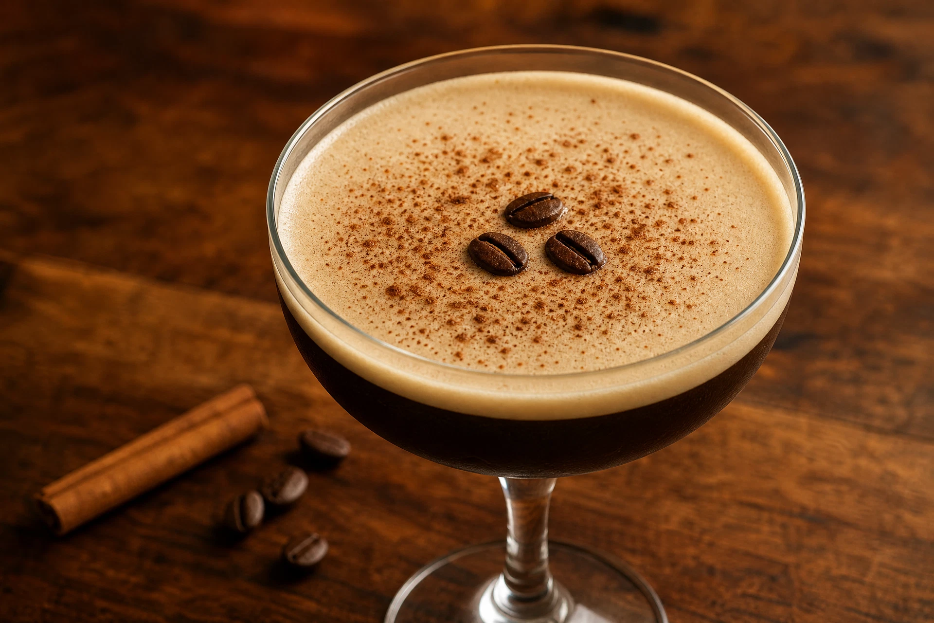 A close view of a pumpkin spice espresso martini mocktail showing its dark coffee base, thin pale foam, cocoa dusting, and three coffee beans.