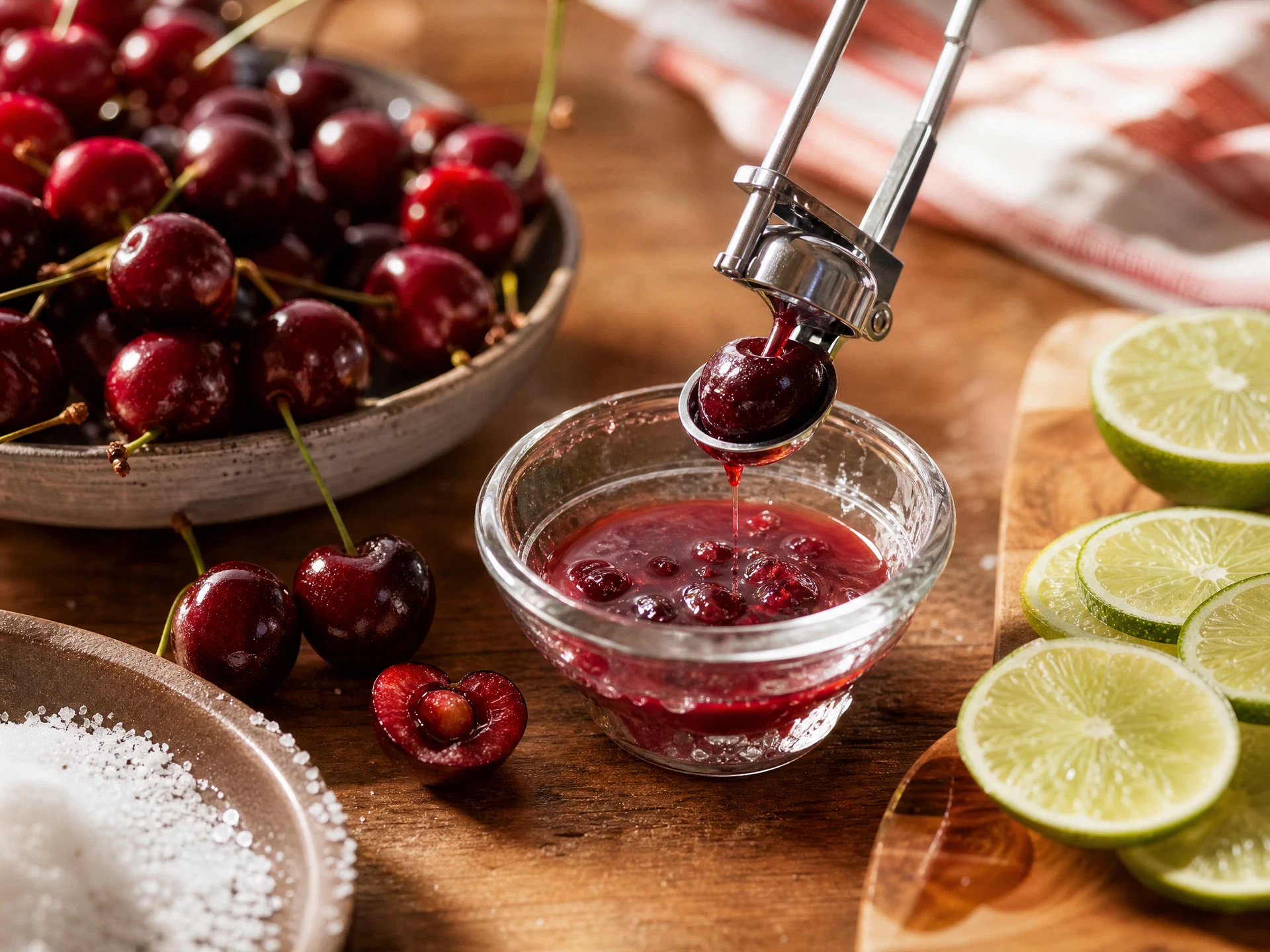 A close-up shot of a chilled glass of red cherry limeade with a lime wheel garnish and condensation on the exterior.