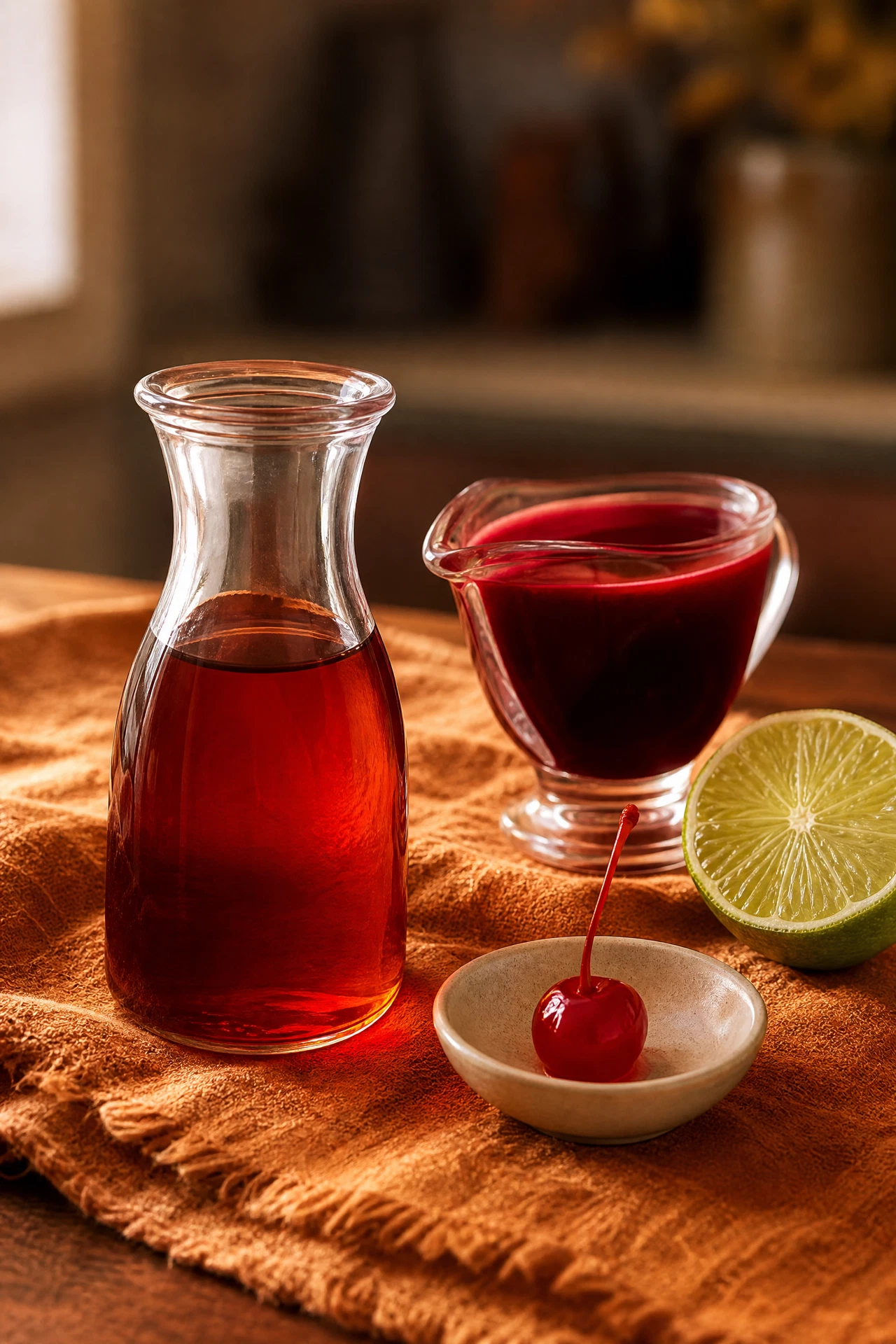 Rooibos tea, tart cherry juice, lime, and a maraschino cherry prepared for a Rooibos Cherry Lime Spritz.